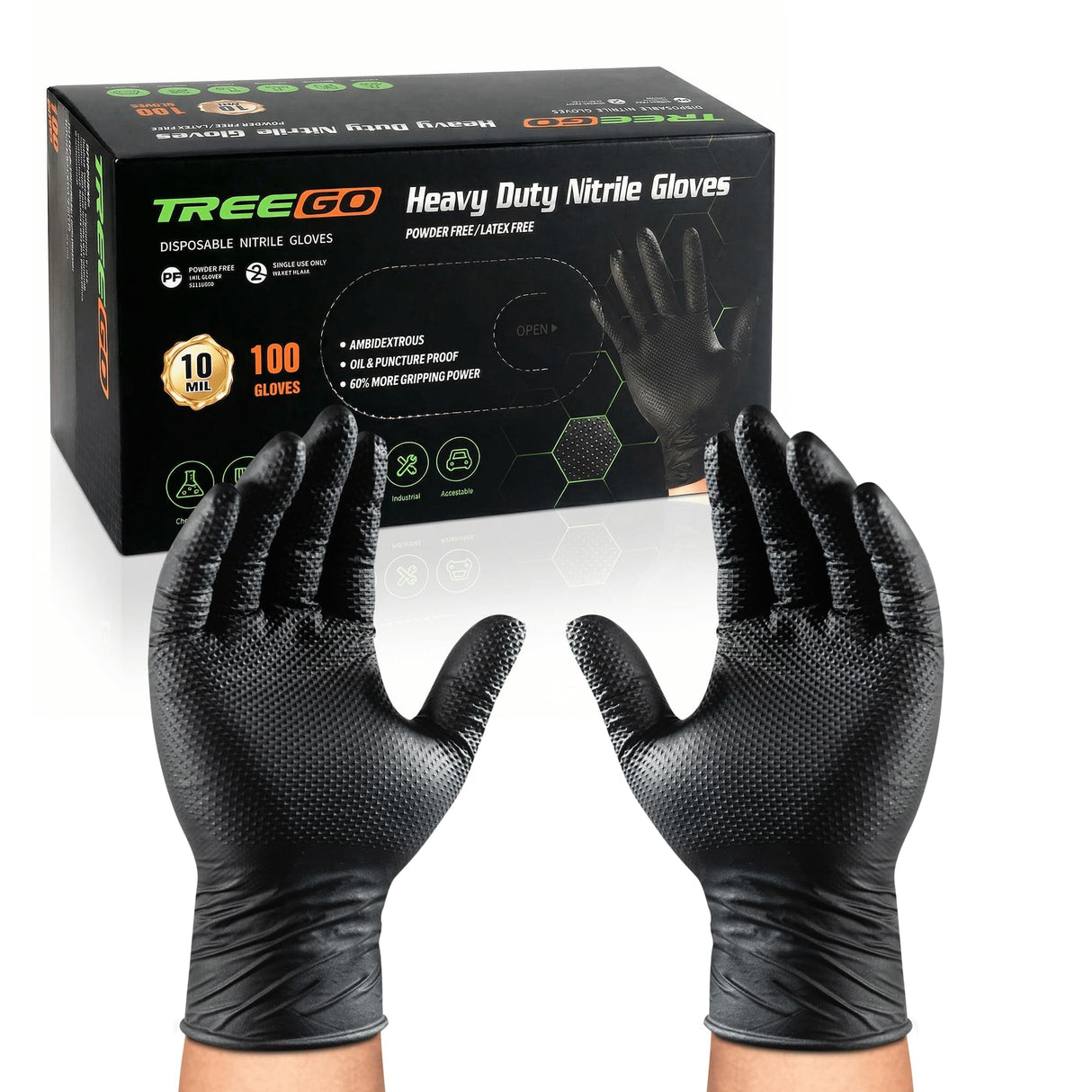 TREEGO 10 Mil Black Nitrile Gloves Heavy Duty — 3D Diamond Texture Grip, Latex Free Disposable Rubber Mechanic Gloves, X-Large, 100 Count