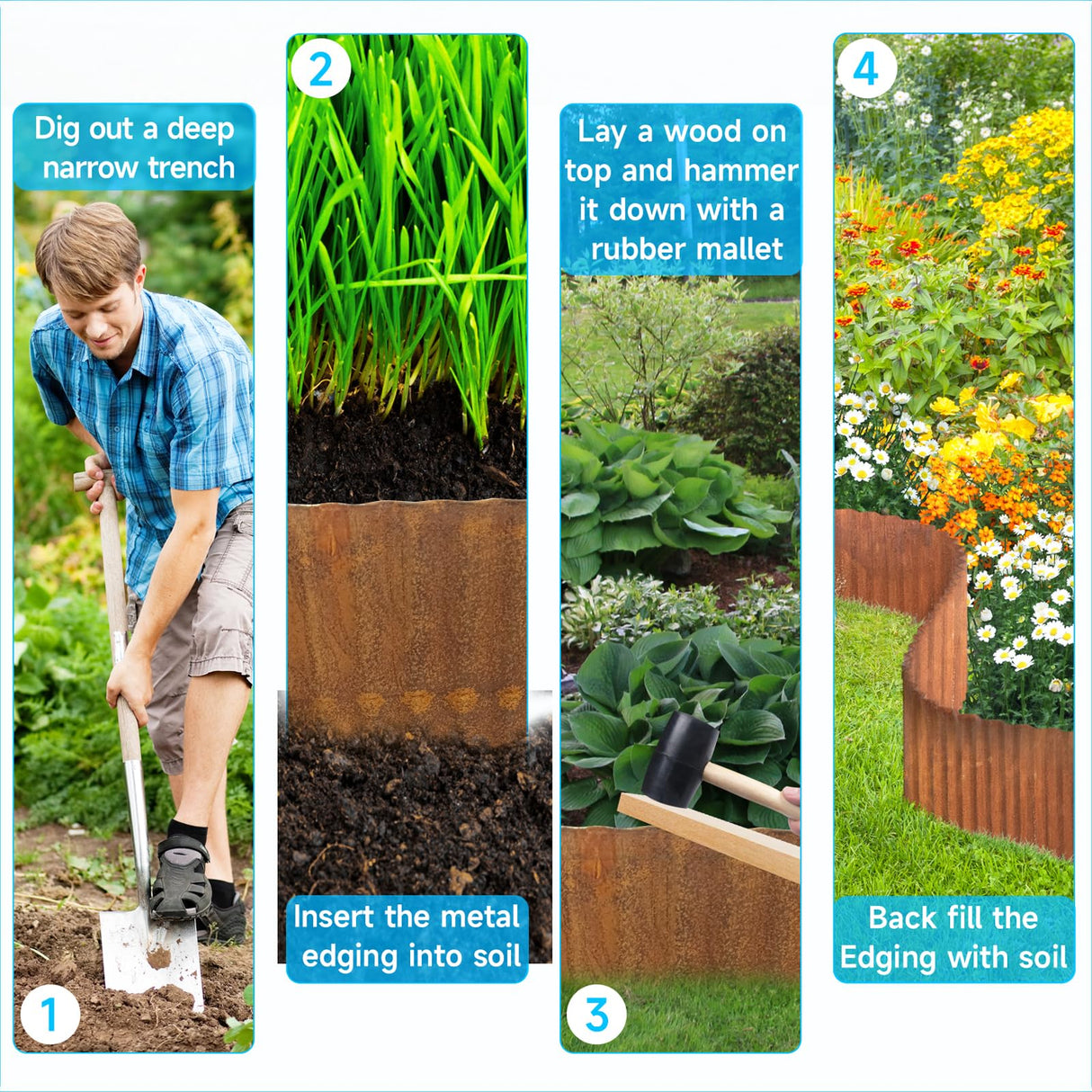 MTART Metal Garden Edging for Landscaping, Sturdy Corrugated Edging Border for DIY Flower Bed, Lawn and Landscape Edging (Rusty, 12"×20Ft)