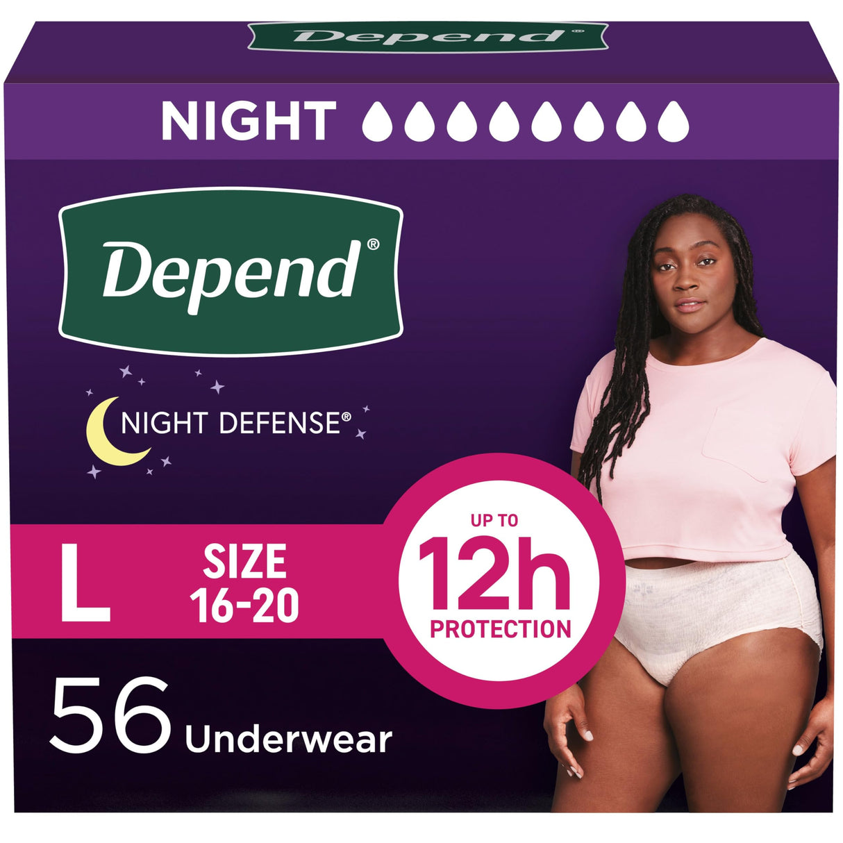 Depend Night Defense Adult Incontinence & Postpartum Bladder Leak Underwear for Women, Disposable, Overnight, Large, Blush, 56 Count (4 Packs of 14), Packaging May Vary