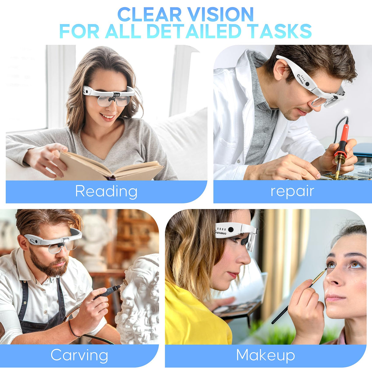 GUOUBUO Magnifying Glass with Light, 1.5X-5.0X Magnifying Glasses, Rechargeable Magnifier Headset with Light, Head Magnifier with 4 Detachable Lenses, Magnify Glasses for Close Work Crafts Jewelry