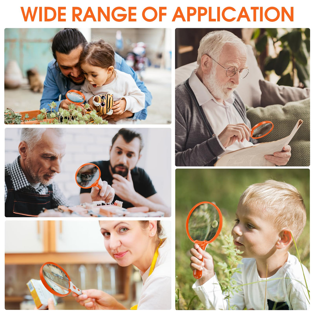 Large Magnifying Glass with Light, Magnifier 10X 20X 45X Handheld Illuminated Lighted Magnifier with 3 LED Lights 1UV Light Storage Bag Clean Cloth for Seniors Reading Inspection (Orange)