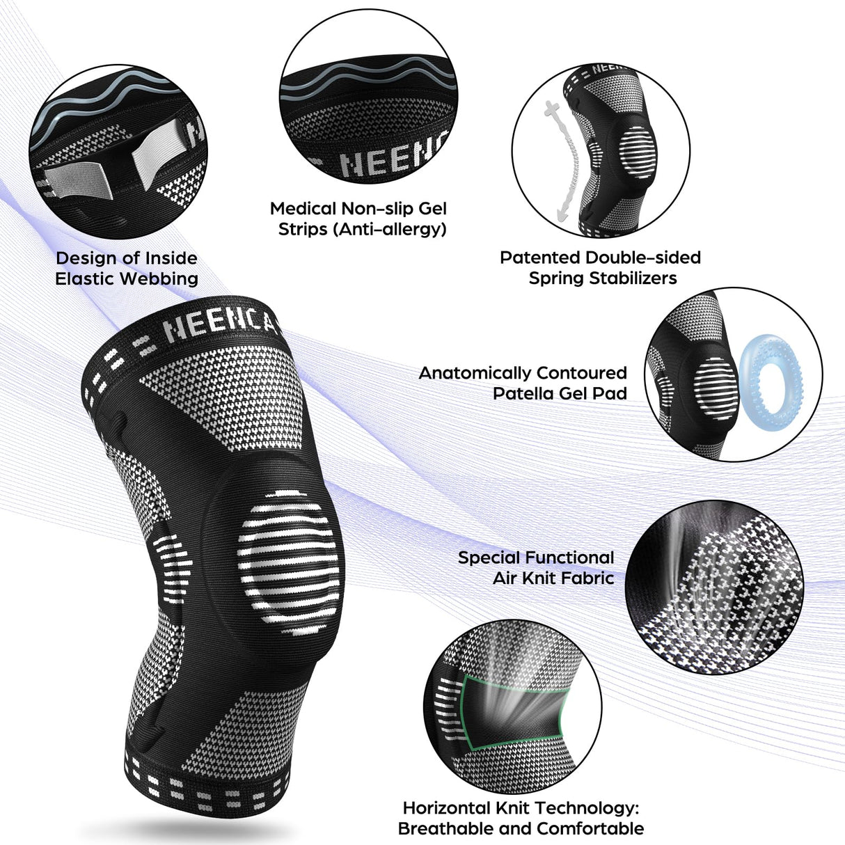 NEENCA 2 Pack Knee Braces for Knee Pain, Compression Knee Sleeves with Patella Gel Pad & Side Stabilizers, Knee Support for Meniscus Tear, Arthritis, Joint Pain, ACL, Runner, Workout- FSA/HSA APPROVED