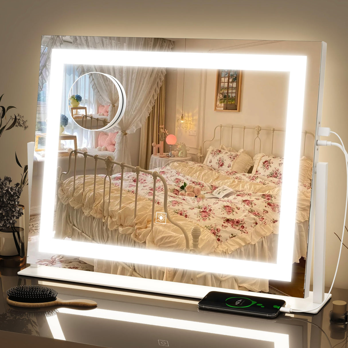 FENNIO Vanity Mirror with Lights 22''x18'' Makeup Mirror with Lights,Lighted Makeup Mirror with 10X Magnification and USB,Smart Touch Screen with 3-Color Lighting,Dimmable(Square White)