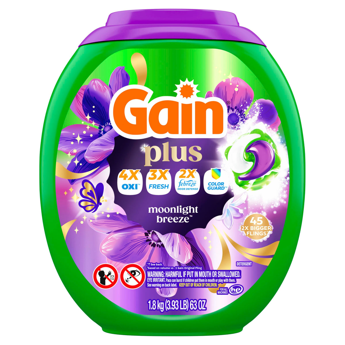 Gain Plus Flings Liquid Washing Detergent Pacs, Gain's Best Clean, All-In-One, Moonlight Breeze Scent, 45-Count Tub