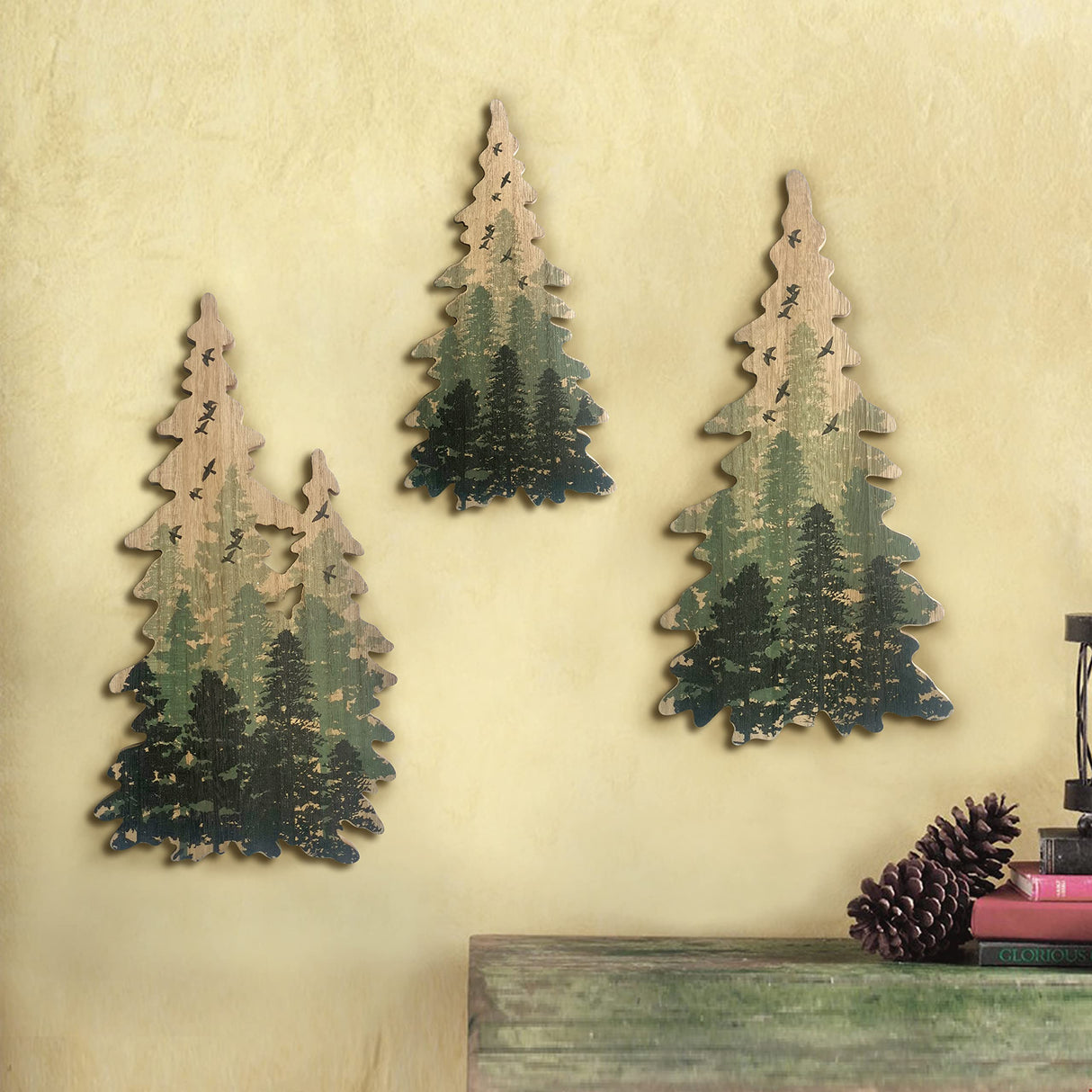Limygus Wooden Christmas Tree Wall Decor Woodland Rustic Wooden Bushes Wall Art Hanging Decorations Set of 3
