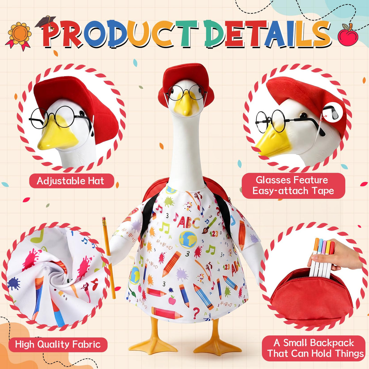 Hodola Back to School Porch Goose Outfits with Student Glasses & Backpack - Fits 23" Plastic Goose Statue - Goose Clothes for Class, Lawn, Yard, Garden Decor