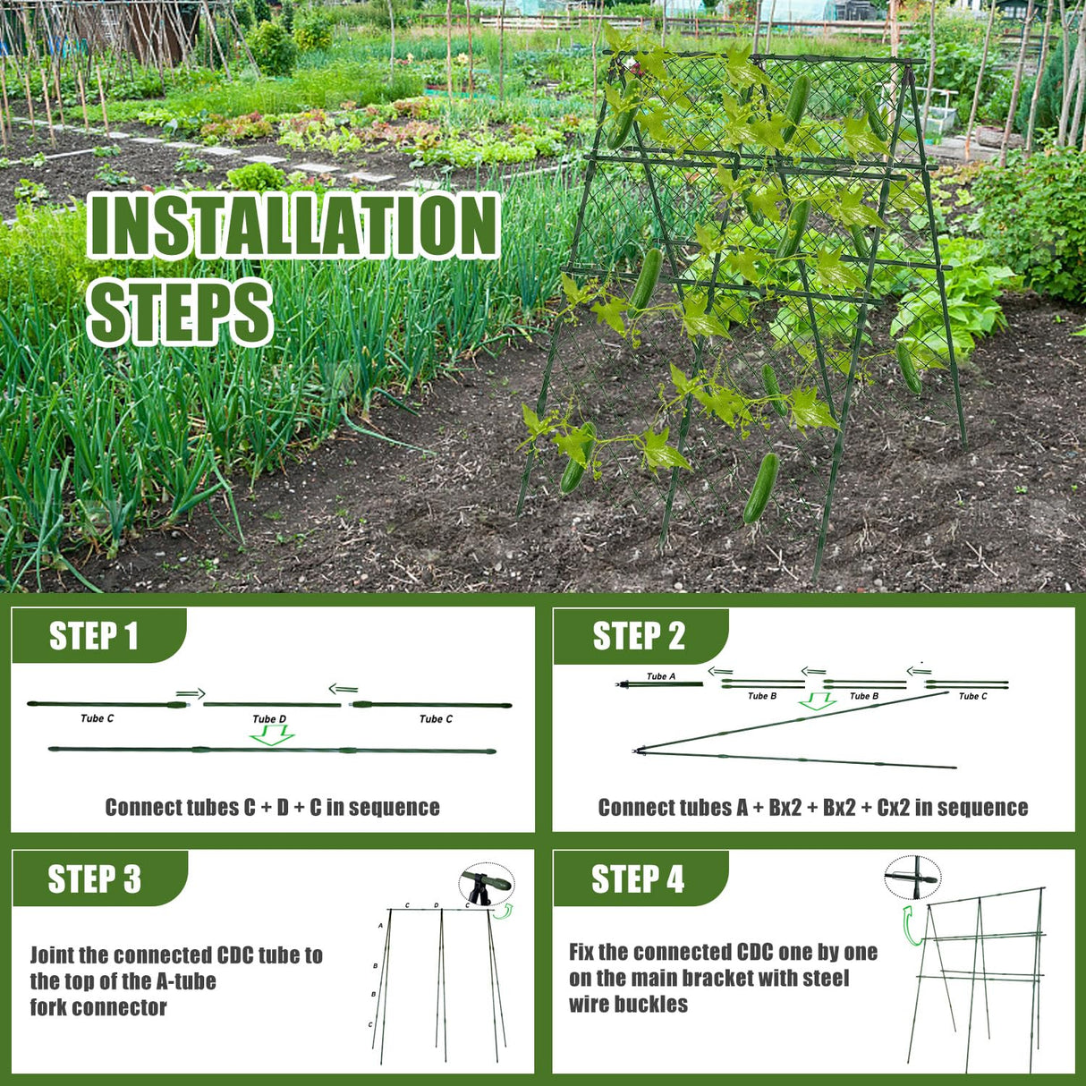 STFALI 63"H x 47"L Cucumber Trellis for Raised Bed, Adjustable Garden Trellis for Climbing Plants Outdoor with Climbing Net and Plant Support Clip, A-Frame Trellis for Vegetable, Cucumbers, Tomatoes