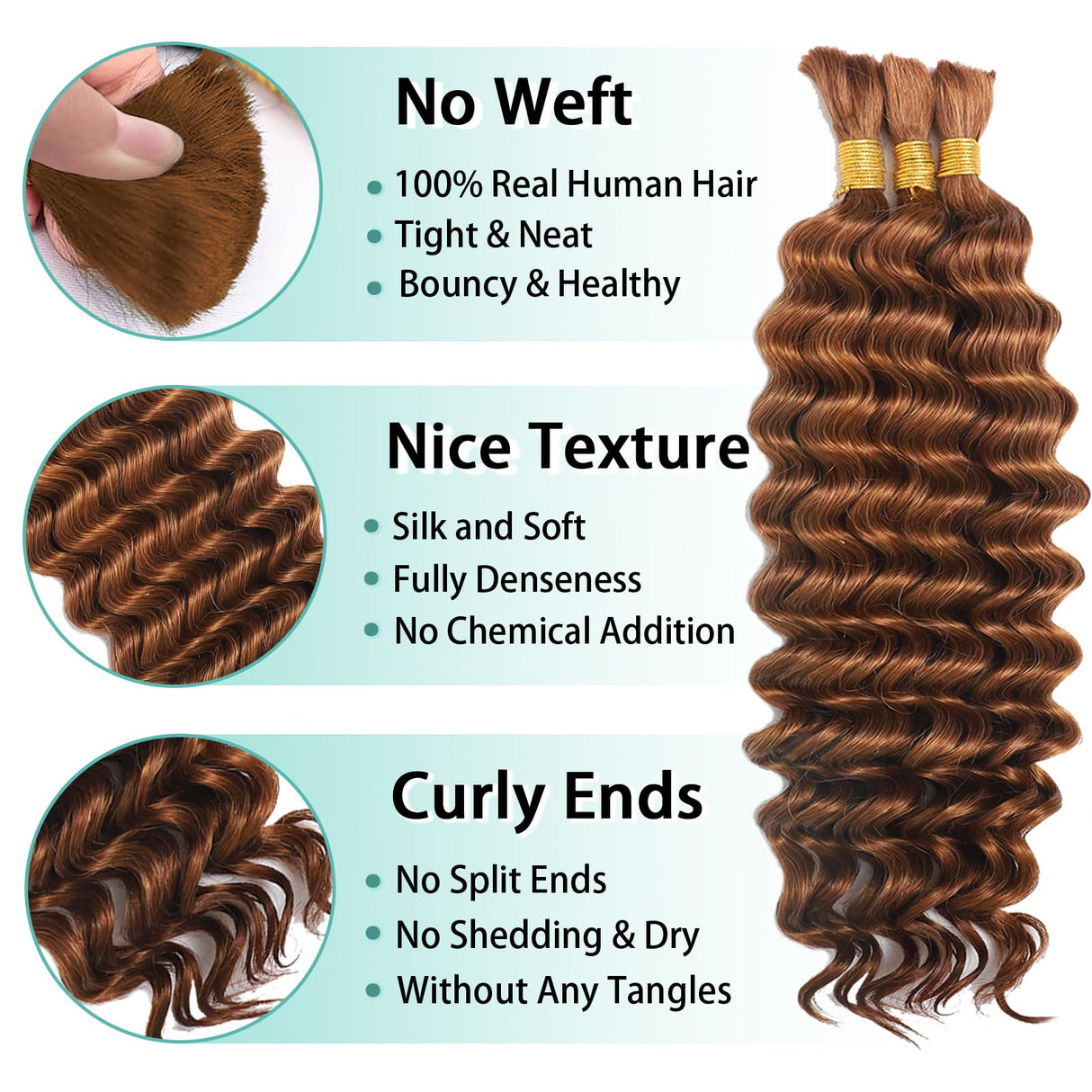 Human Braiding Hair for Boho Braids Human Hair 110g 20 Inch Curly Boho Hair for Braiding Knotless 12A Deep Wave Bohemian 3 Bundles/Pack Auburn Ginger