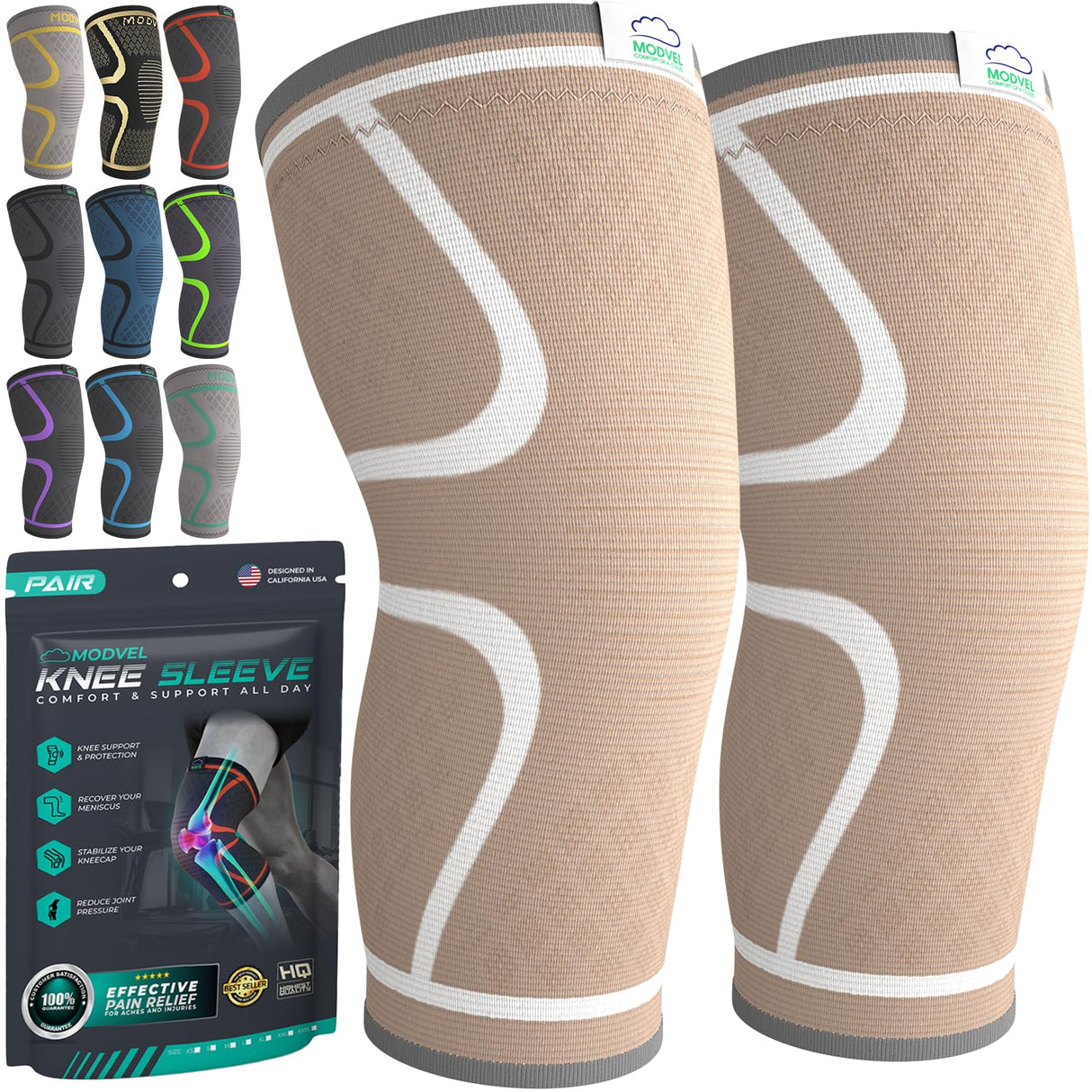 Modvel Compression Knee Brace for Women & Men, 2 Pack Knee Support Sleeves for Running, Meniscus Tear, ACL, Arthritis Pain Relief, Workout – XXL, Skin