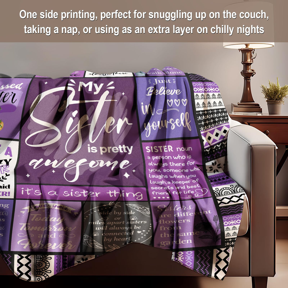 Sister Gifts Blanket, Happy Birthday Gifts for Sister, Unique Gift for My Dear Sis on Mothers Day Christmas - Soft Throw Blanket 60" x 50 (Purple)