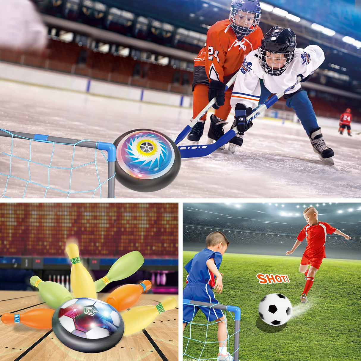 HopeRock 3-in-1 Hover Soccer Ball Hockey Bowling Set, Indoor and Outdoor Toys for Kids Ages 3-12, Outside Toys with LED Lights, Christmas Birthday Gifts for 3 4 5 6 7 8 9+ Year Old Boys Girls