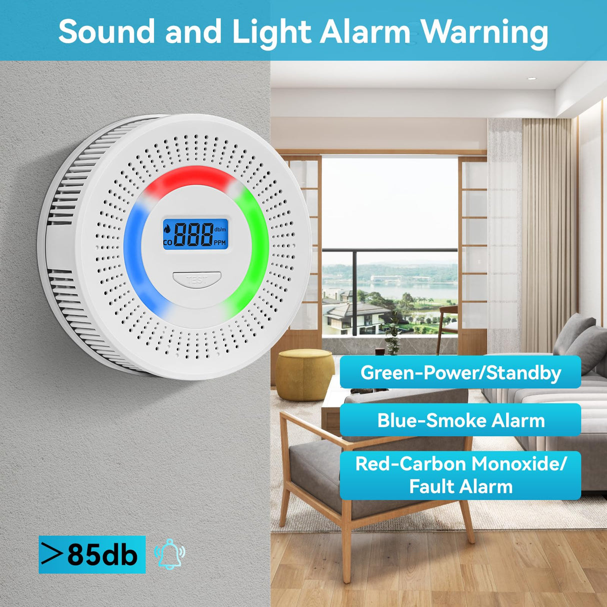 Smoke Detector Carbon Monoxide Gas Alarm, Fire Carbon Monoxide (CO) Detector 2 in 1 with Digital Display and Sound Light Alarm, Battery Operated Suitable for Bedroom Warehouse Kitchen or RV Travel