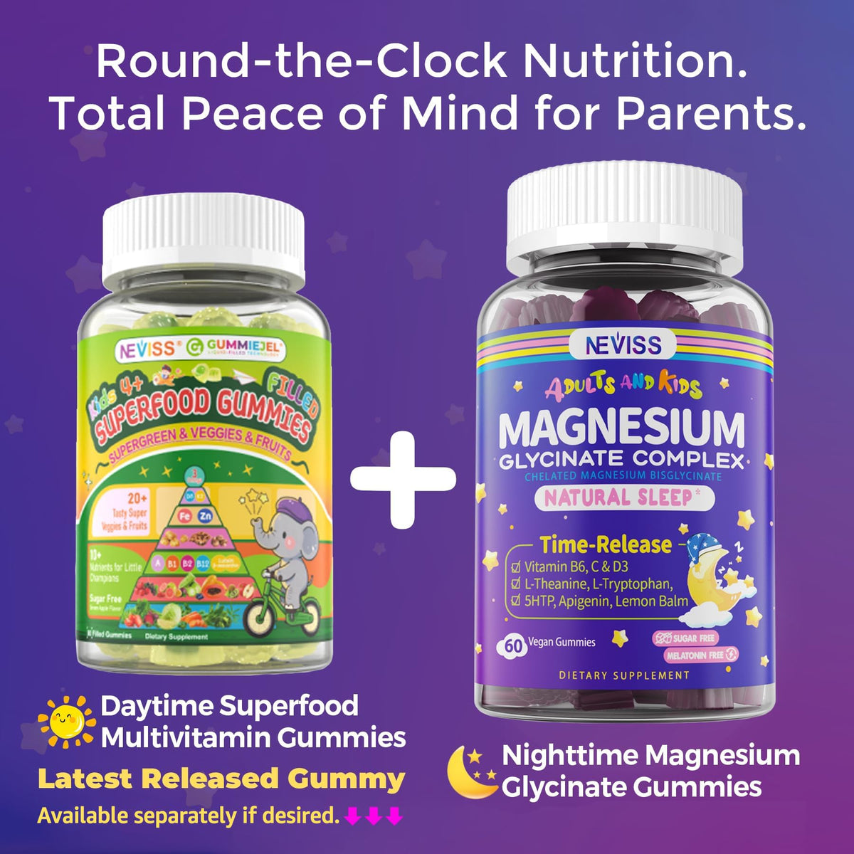 Magnesium Glycinate Gummies for Adults & Kids 4+, Sugar Free Magnesium Bisglycinate Supplement 400/200mg with B6 D3, L-Theanine for Zzz & Relaxation, Brain, Melatonin Free Gummies,1Pack
