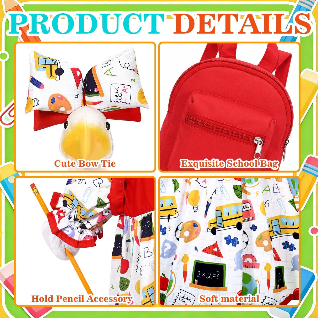 JcHrmers Back to School Porch Goose Outfits Includes Bow Headband Red Schoolbag Doll Collar Dress and Pencil for 23'' Cement Goose Statue for Garden Patio Lawn Yard Outdoor Decoration