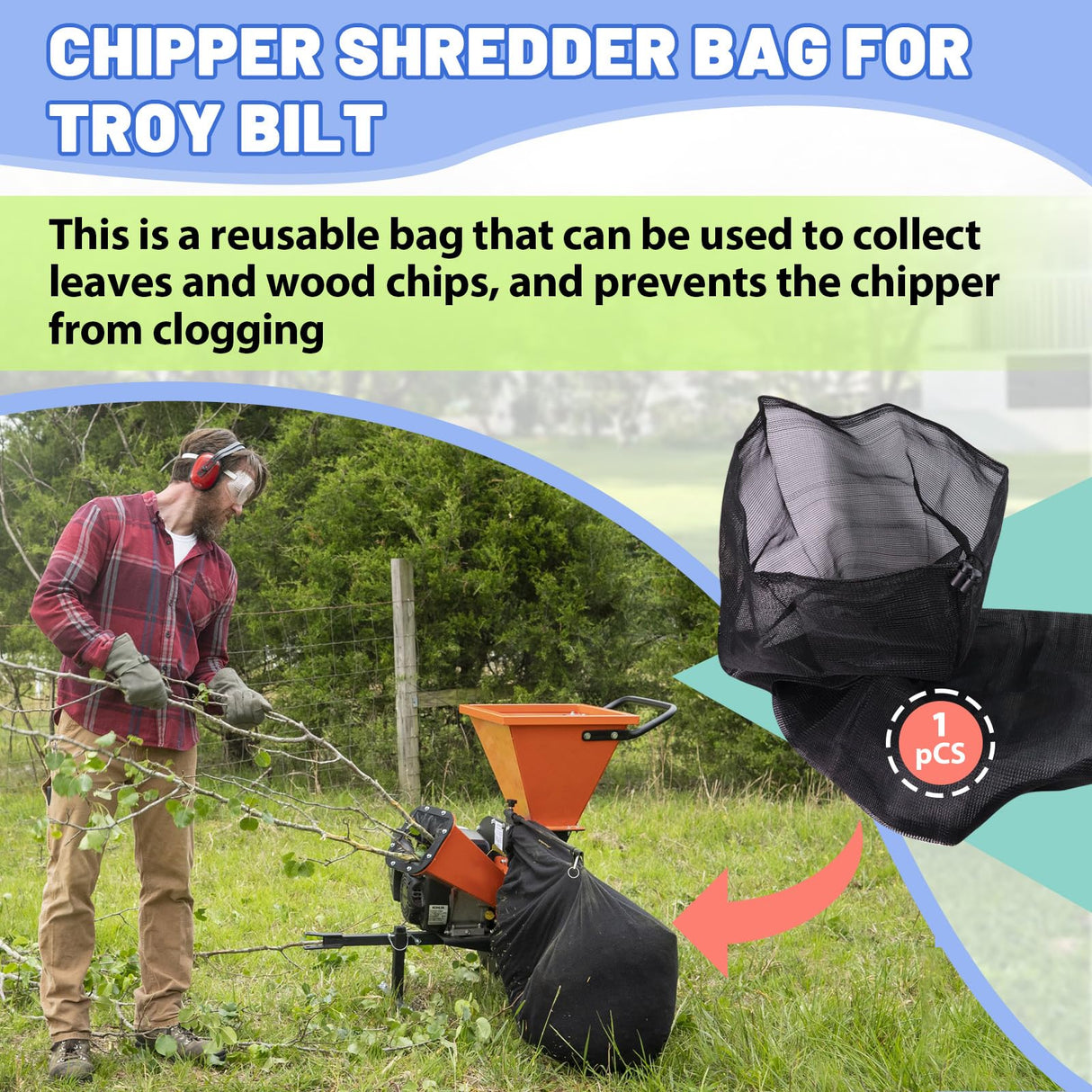 24" x 48" Wood Chipper Collection Bag for Troy Bilt - Universal Shredder Mulcher Replacement Bag with Heavy-Duty Mesh for Wood Chips, Leaves and Yard Waste