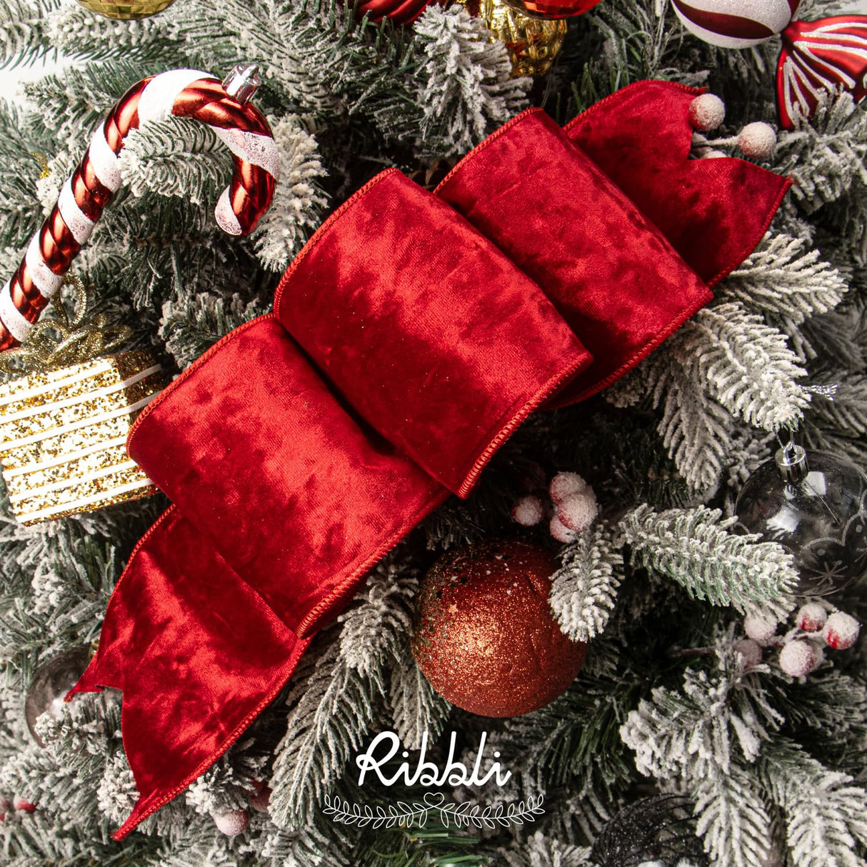 Ribbli Red Velvet Wired Ribbon 4 Inch Metallic Red Gold Crushed Velvet Christmas Ribbon for Gift Wrapping Christmas Tree Decoration Crafts Wreaths Supplies-Continuous 10 Yards