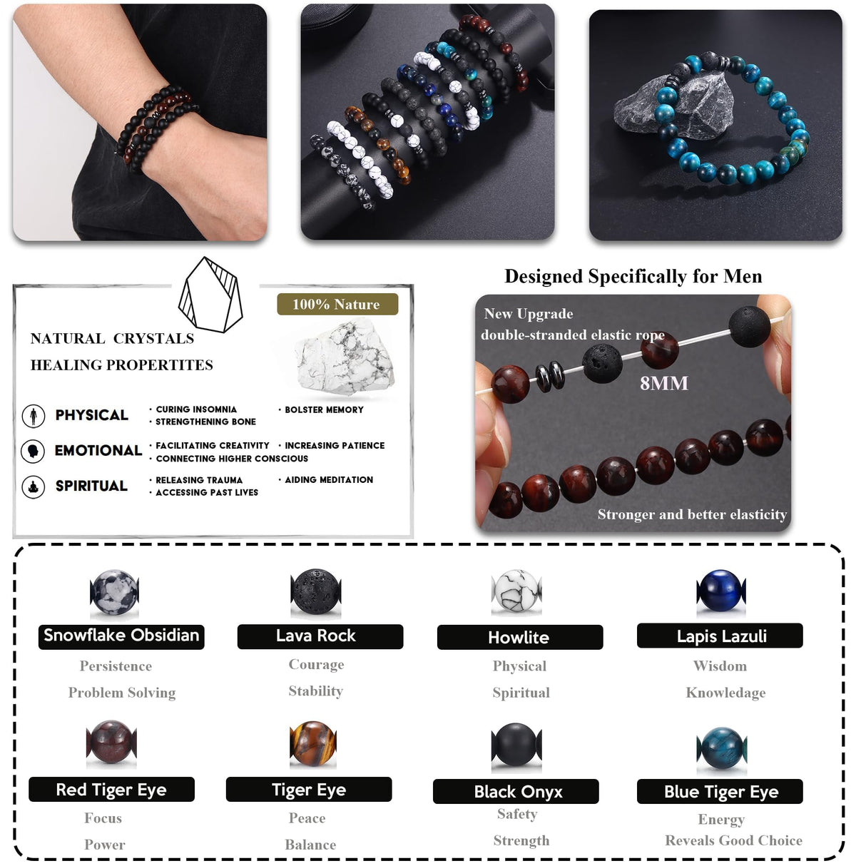 FIRAZIO 10 Pcs Tiger Eye Bracelet For Men 8MM Natural Stone Beads Bracelet Set Stretch Lava Rock Bracelets Adjustable Black Crystal Beaded Bracelet for Men Women Gift