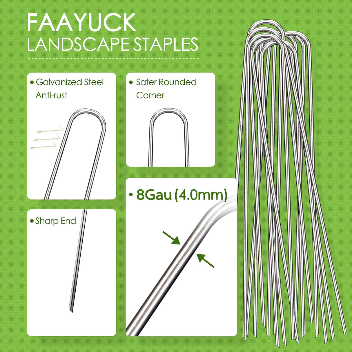 FAAYUCK 12 Inch Landscape Staples, 12/25/50/100 Pack Galvanized Garden Stakes, Heavy Duty 8 Gauge U-Shaped Ground Stakes for Weed Barrier Fabric, Irrigation Tubing, Fence, Outdoor Decorations