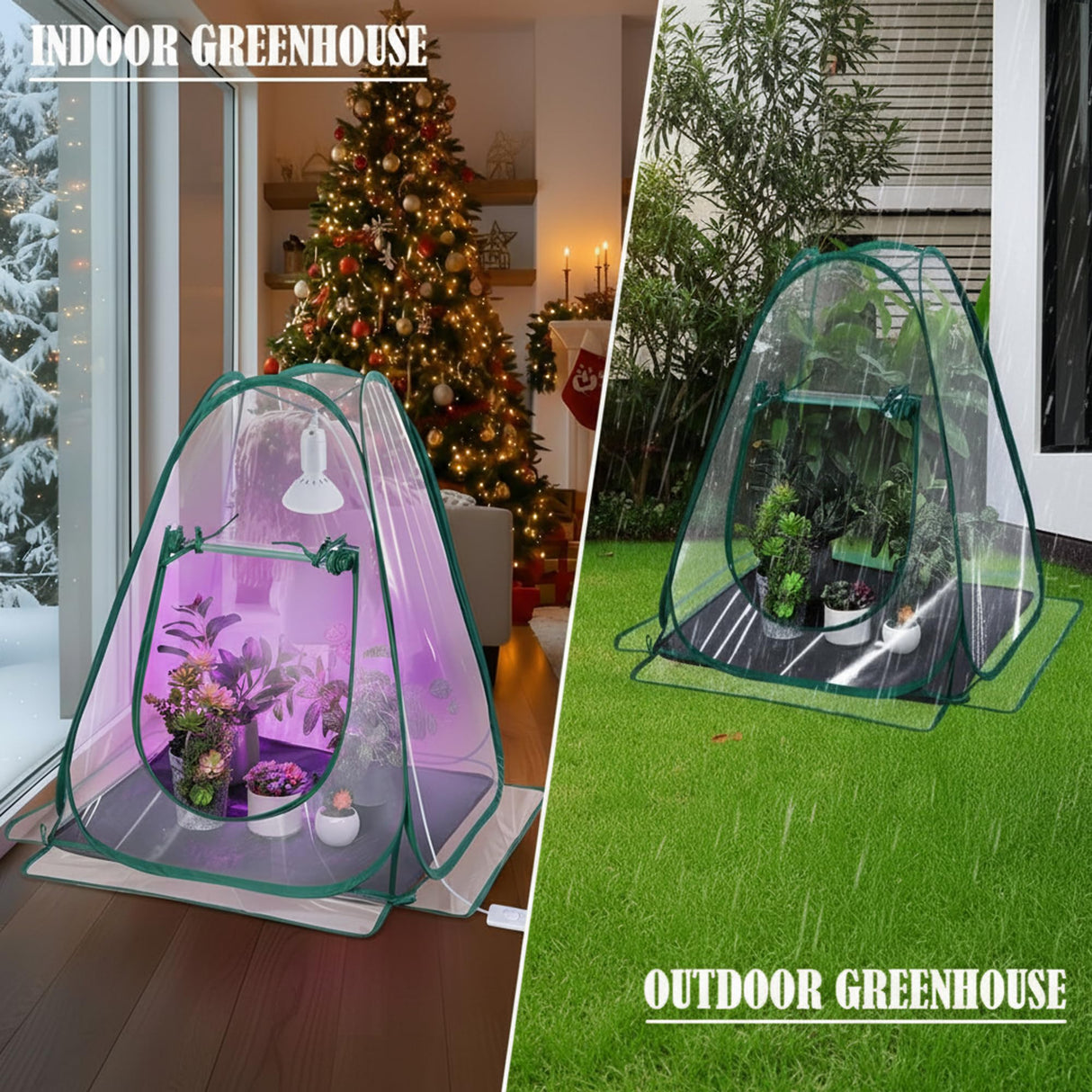 Meonum 1 Pack Mini Greenhouse with 10W 200 LED Grow Light Bulbs for Indoor, 27" x 27" x 30" Pop Up Small Greenhouse Cover with Bottom Waterproof Bottom Mat for Indoor Outdoor Plants Seed Starting