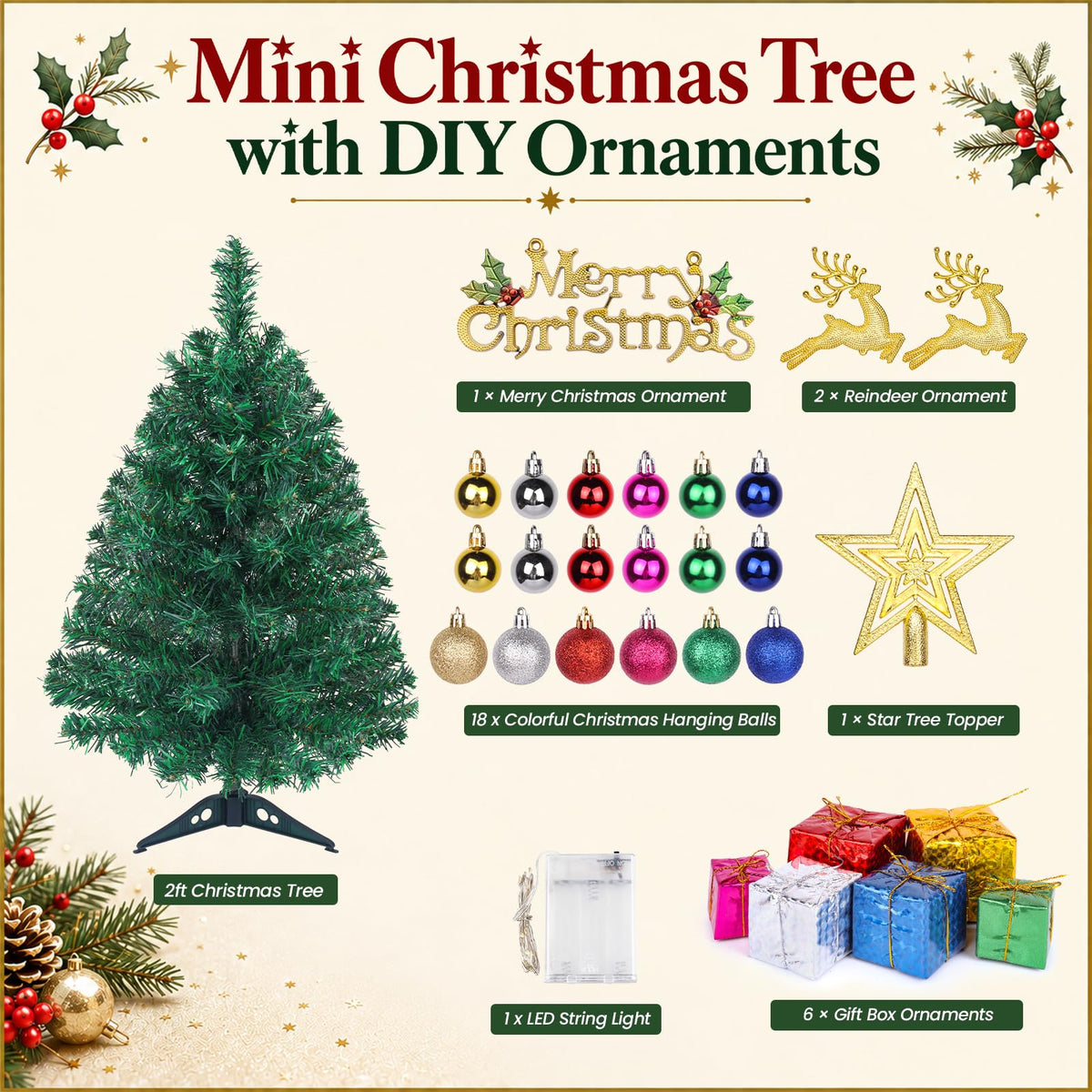 Small Mini Christmas Tree with Lights, 2 Ft Little Table Top Christmas Tree