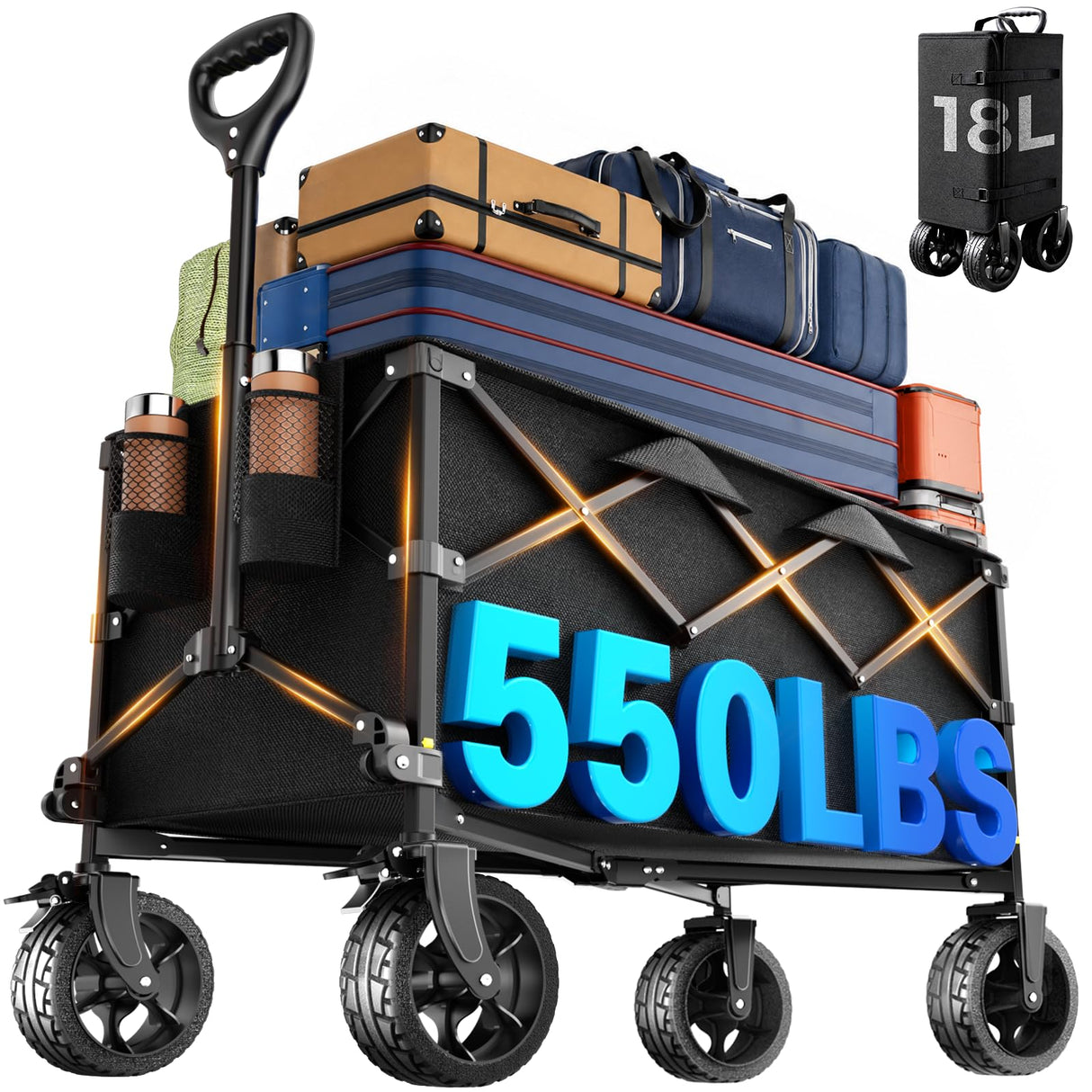 40" Extra Large Collapsible Wagon Cart 550 lbs Capacity Big Wheels