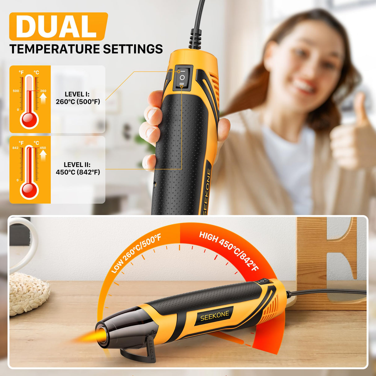 SEEKONE Mini Heat Gun, 350W 2-Temp Settings 500℉ & 842℉(260℃& 450℃) Fast Heat Hot Air Gun Tool with Reflector Nozzle and 4.9Ft Long Cable Overload Protection for Crafting, Vinyl Wrap and Shrink Tubing