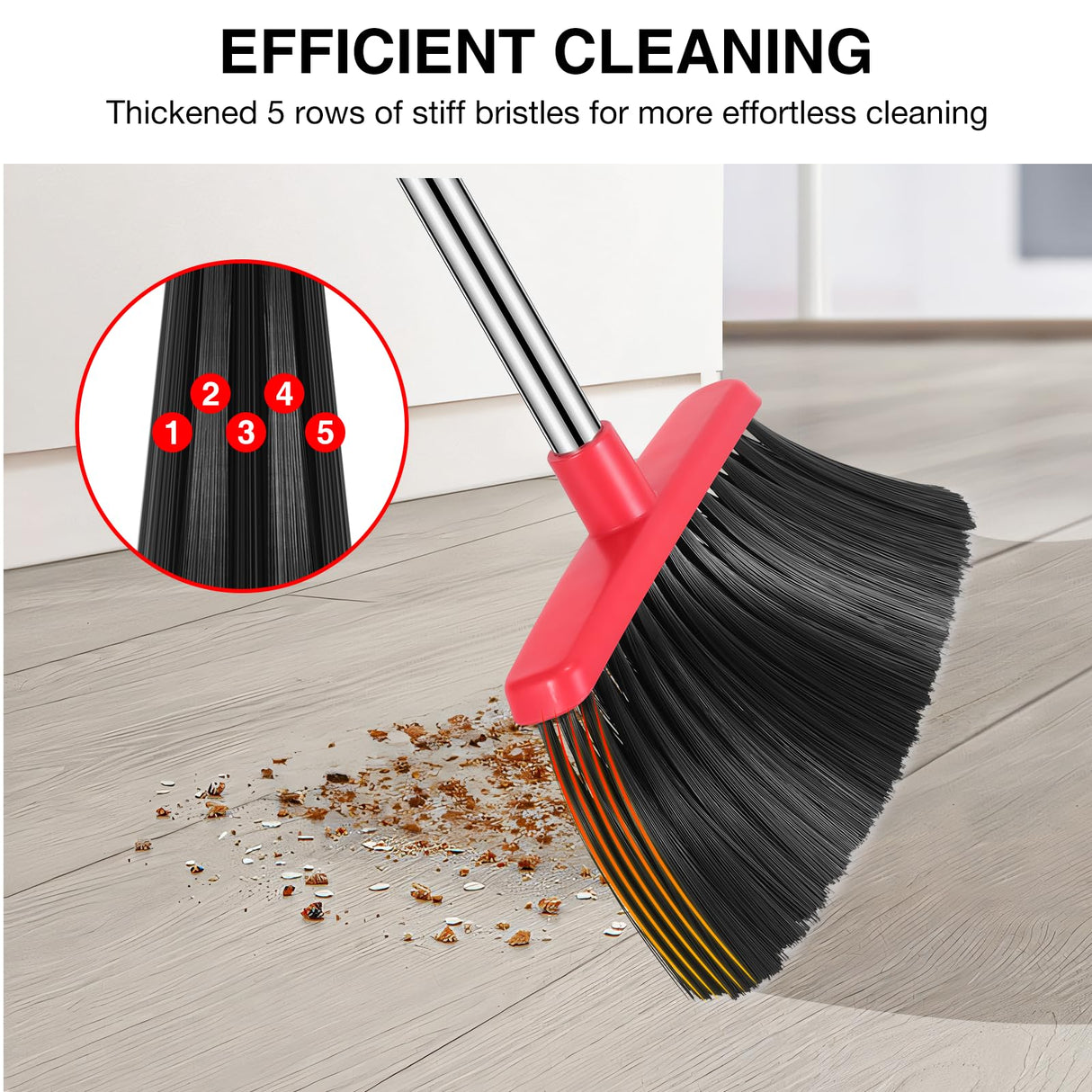 NACENA Broom and Dustpan Set, 52-in Long Adjustable Handle Broom Dustpan Combo with Dustpan Teeth to Automatically Clean Hair Suitable for Home Kitchen Office Hall Floor(Black&Red)