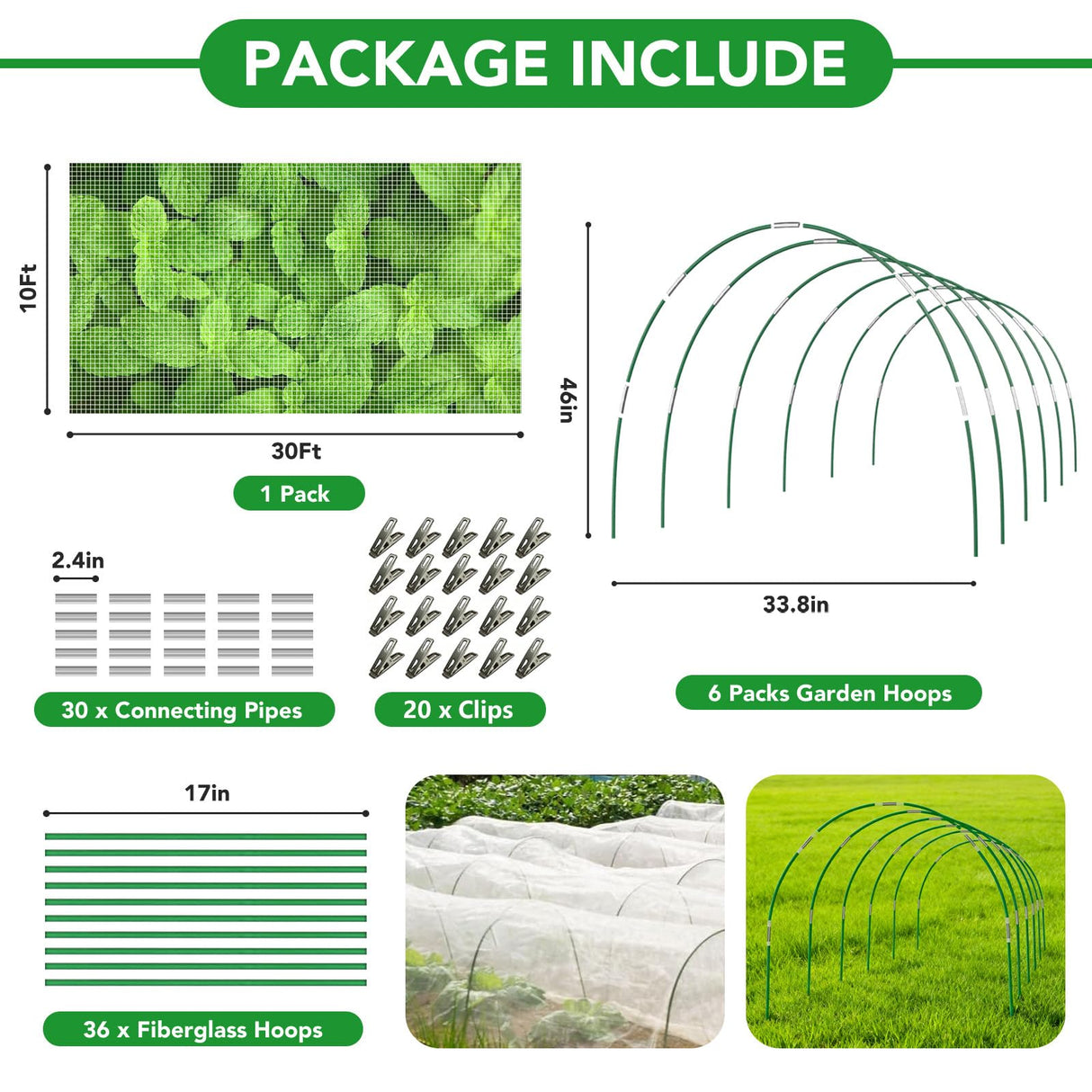Garden Netting Kit for Raised Beds, 10x30FT Ultra Fine Mesh Netting &6 Sets Fiberglass Garden Hoops, Insect Netting for Garden Plant Row Cover Vegetable Flowers Protection Barrier