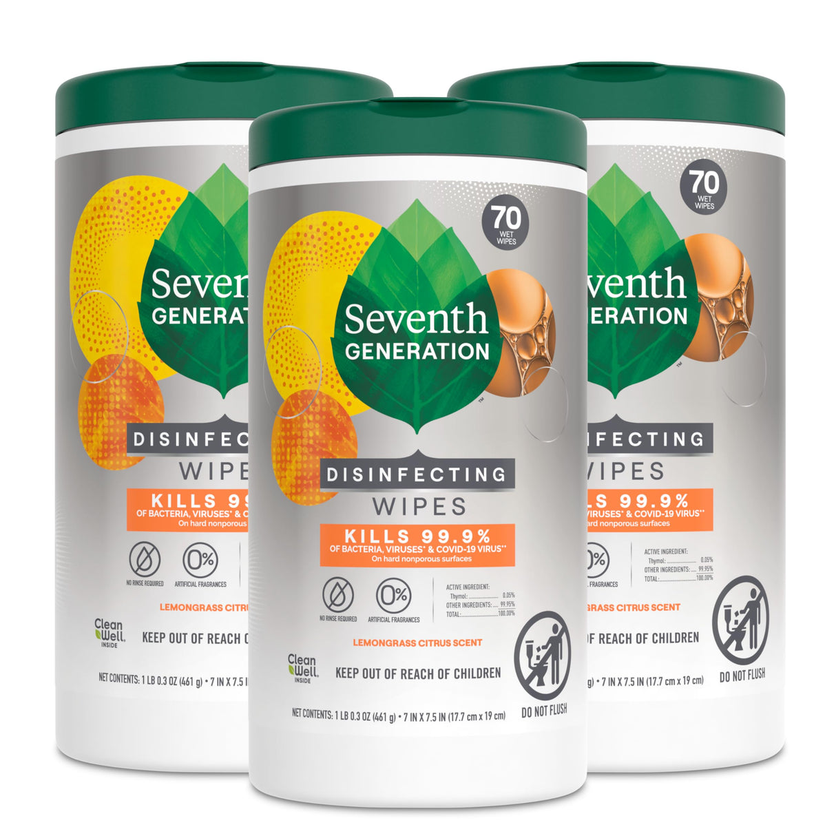 Seventh Generation Disinfecting Multi-Surface Wipes, Lemongrass Citrus, 70 Count, Pack of 3 (Packaging May Vary)