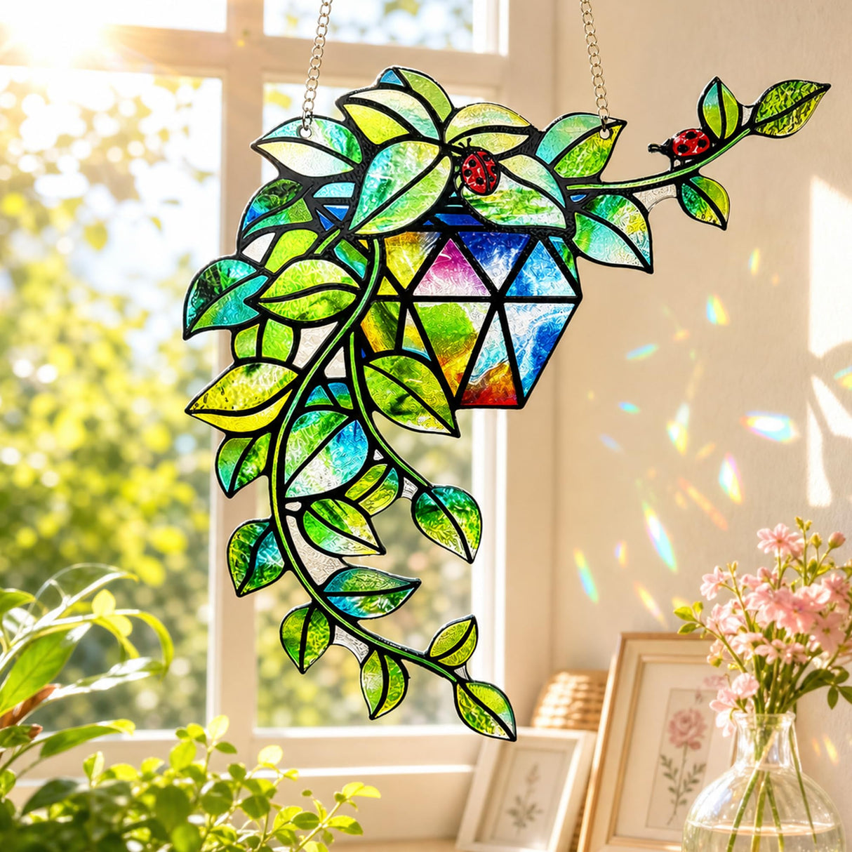 Plant Suncatcher Glass, Stained Glass Suncatcher Plant Window Hanging, Unique Nature Lover Gifts Leaf Idea