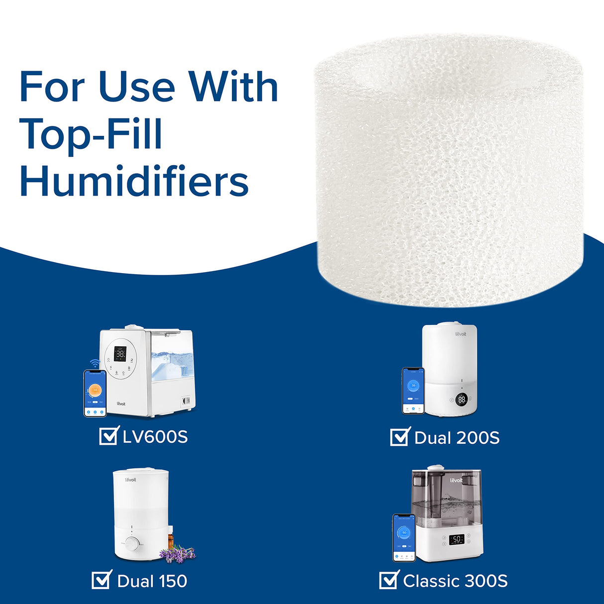 Levoit 10-Pack Humidifier Replacement Filters Capture Fine Particles in Water Tank to Improve Humidification Efficiency, Compatible with Classic 160, Dual150, Dual200S, LV600S, 10 Pack, White