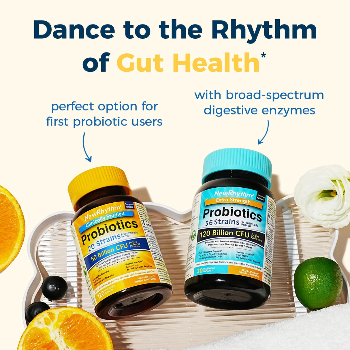 NewRhythm Probiotics 50 Billion CFU 20 Strains, 120 Veggie Capsules, Targeted Release Technology, Stomach Acid Resistant, No Need for Refrigeration, Pack of 1, Non-GMO, Gluten Free