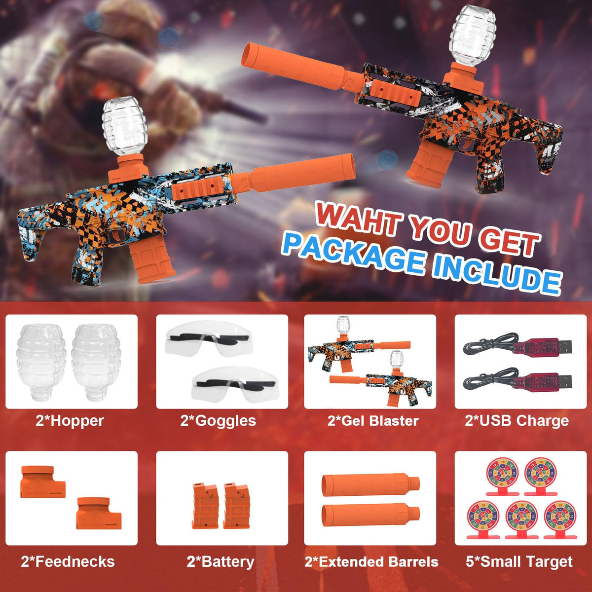 2 Pack Gel Ball Blaster Automatic Electric Splatter Toys with 60000+ Balls