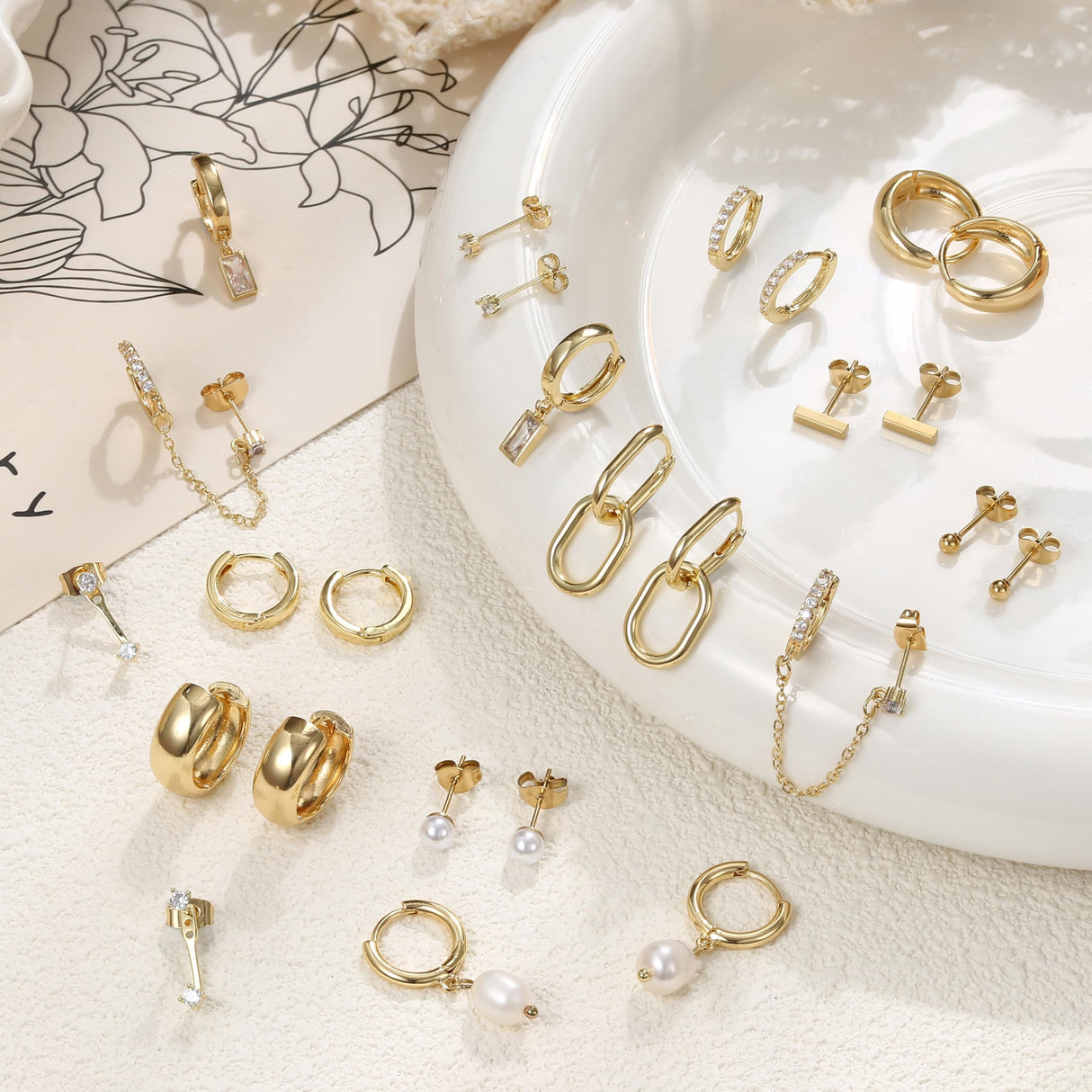 BESTEEL 13 Pairs Small Stud Hoop Earrings Set for Women, Gold Earrings Pack