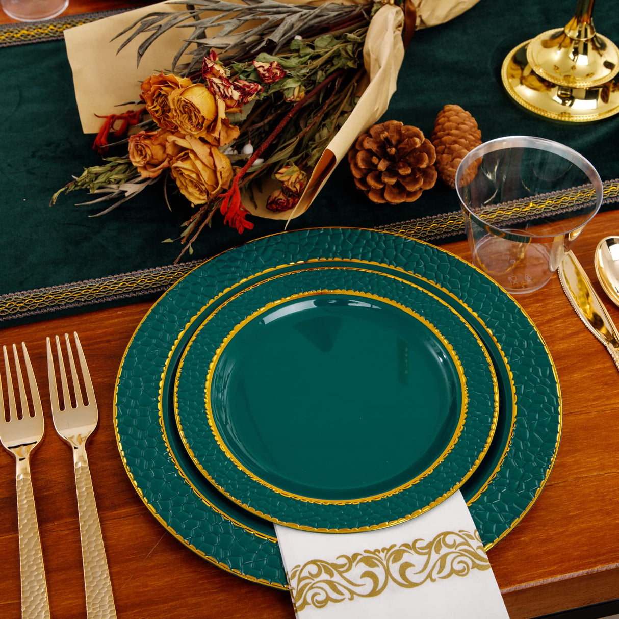 FLOWERCAT 175PCS Marrs Green Plastic Plates with Gold Rim&Christmas Plates&Green and Gold plastic Plates&Gold Plastic Silverware - Ideal for Wedding,Spring Party,St. Patrick's Day