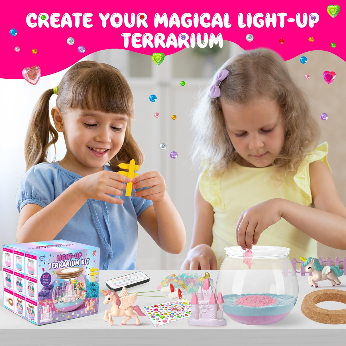 Unicorn Terrarium Crafts Kit for Kids: LED Night Light-Up DIY Toys with Remote – Fun Birthday Gifts for Girls Ages 5 6 7 8 9 10 Years Old – Creative Arts & Crafts Activity Set, Christmas Gift