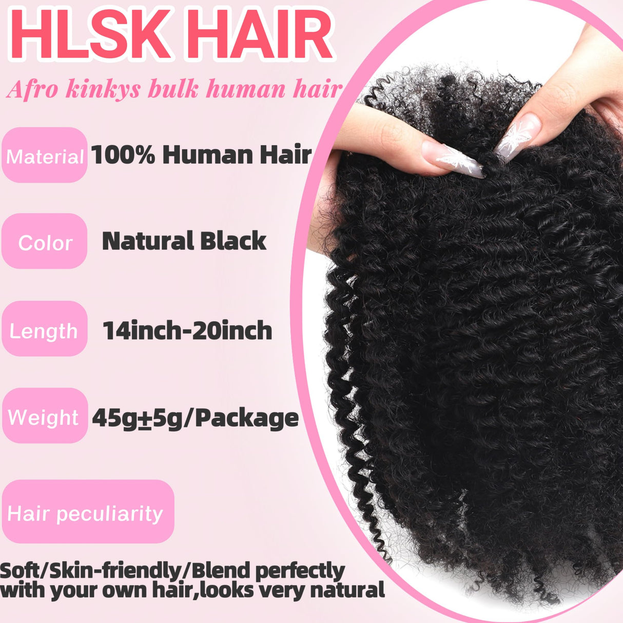 HLSK Afro Kinkys Bulk Human Hair 20Inch 45g±5g/Pack for Dreadlock Extensions,Repair Locs, Twists and Braids Afro Kinky Curly bulk 100% Human Hair Natural Black Color