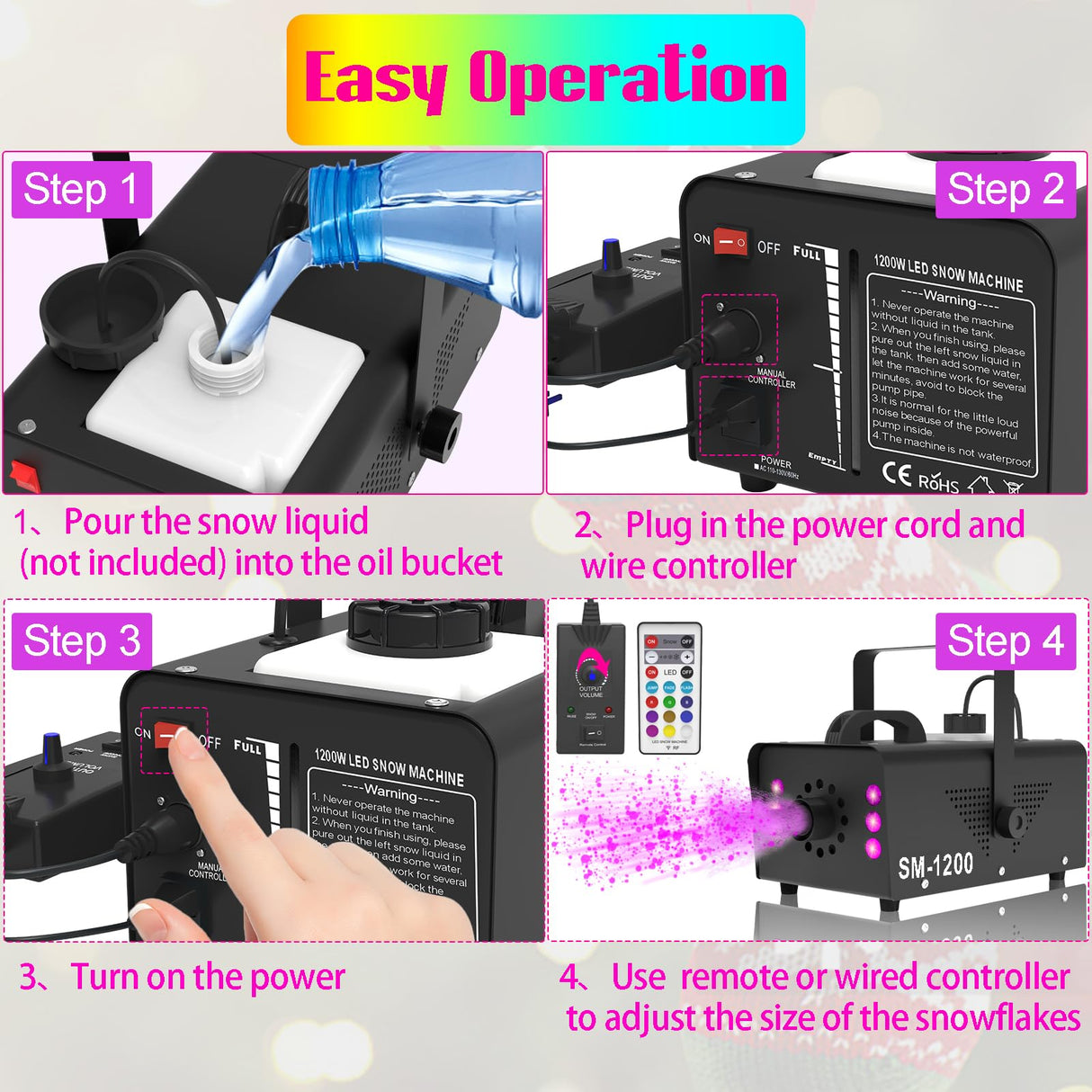 Snow Machine with LED Lights 600w, Remote Control, Perfect for Parties Indoor, Christmas, Wedding, Stage Effect,A-600w