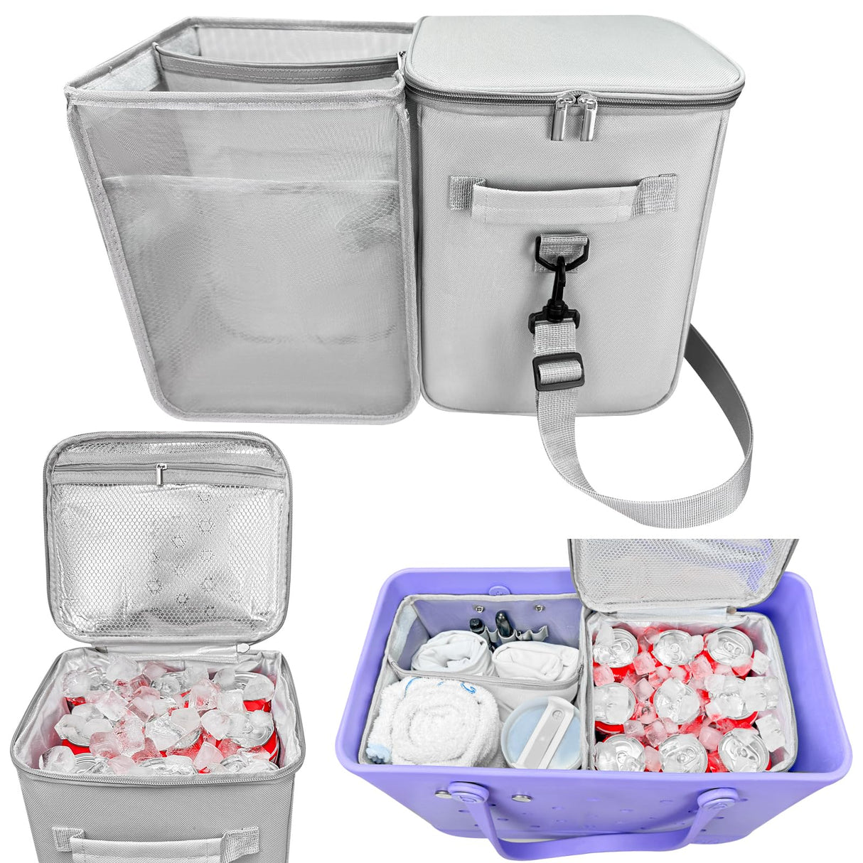 XYFuuee 2-in-1 Cooler Organizer Insert for X Large Bogg Bag Accessories, PEVA Portable Leak-Proof Ice Chest, Lightweight Mesh Divider Inserts Pouch with 4Fastener for XL Bog Beach Rubber Tote, Gray