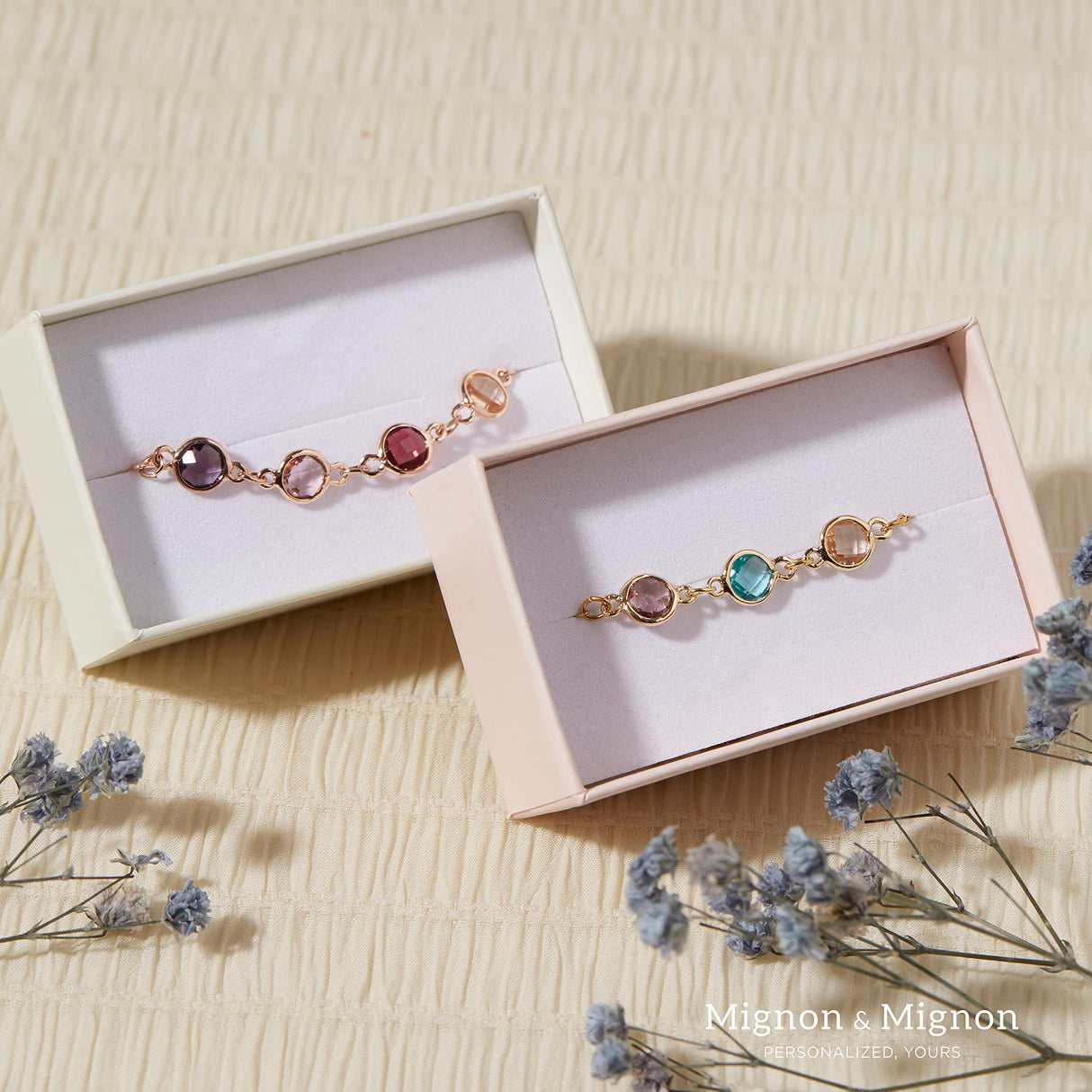 MignonandMignon Birthstone Bracelet for Women Gold | Custom Birth Month Gemstone Chain Bracelet | Friendship Bracelet Personalized Gift for Mom Daughter Best Friend