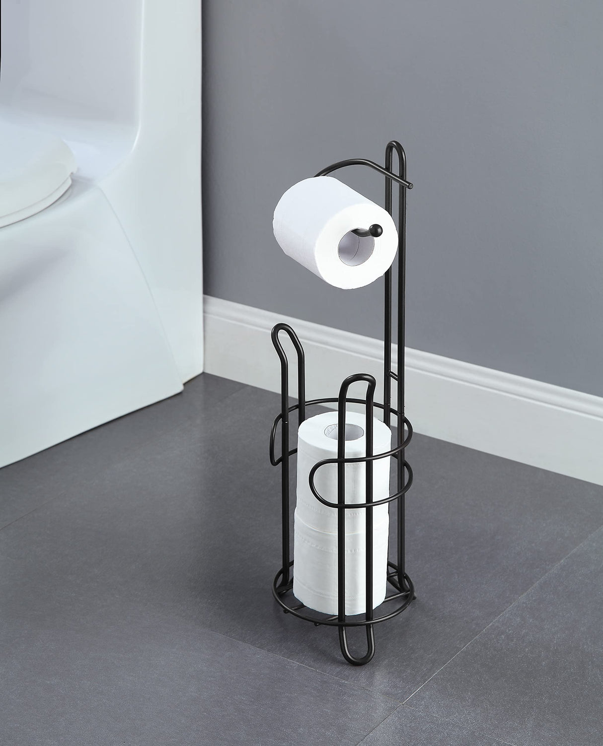 SunnyPoint Freestanding Toilet Paper Holder with Storage – Holds 3 Spare Rolls, Heavy-Duty Steel, Black Finish, Easy Assembly, Space-Saving Bathroom Organizer