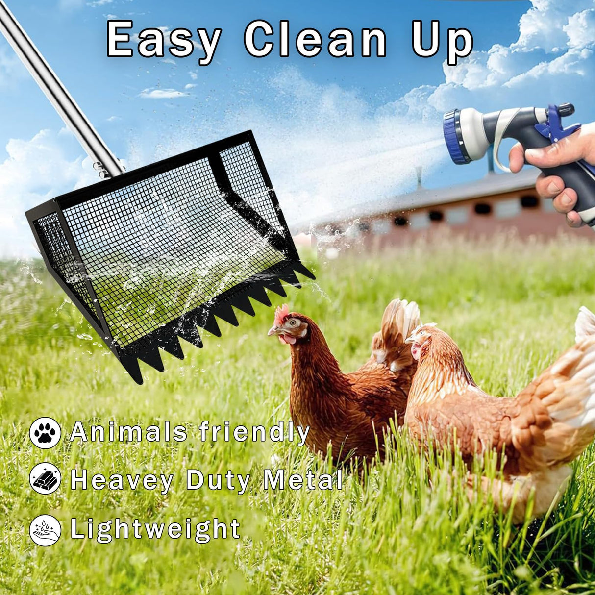 12" Metal Chicken Poop Scooper Rake for Sand with 24 to 68" Handle, Adjustable Chicken Poop Scooper for Poop,Wide 10”Poop Shovel Cleaning Tools, Heavy Duty Sifting Shovel (Black Max)