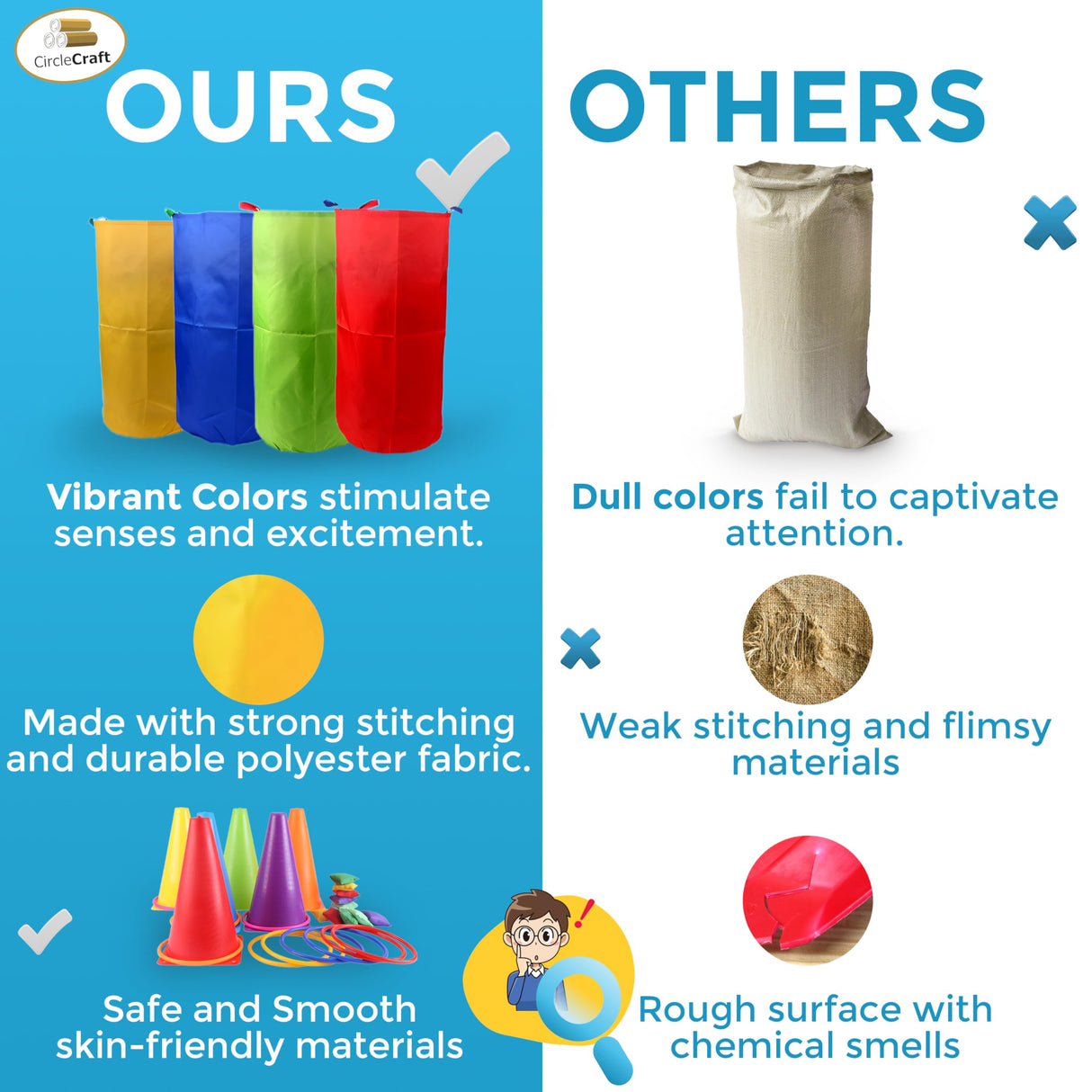 CircleCraft 53 Pcs Outdoor Games for Kids & Adults – Field Day & Lawn Carnival Games | Ring Toss, Bean Bag, Potato Sack Race Bags, Egg Spoon, Relay Race & Yard Game for Christmas and Easter