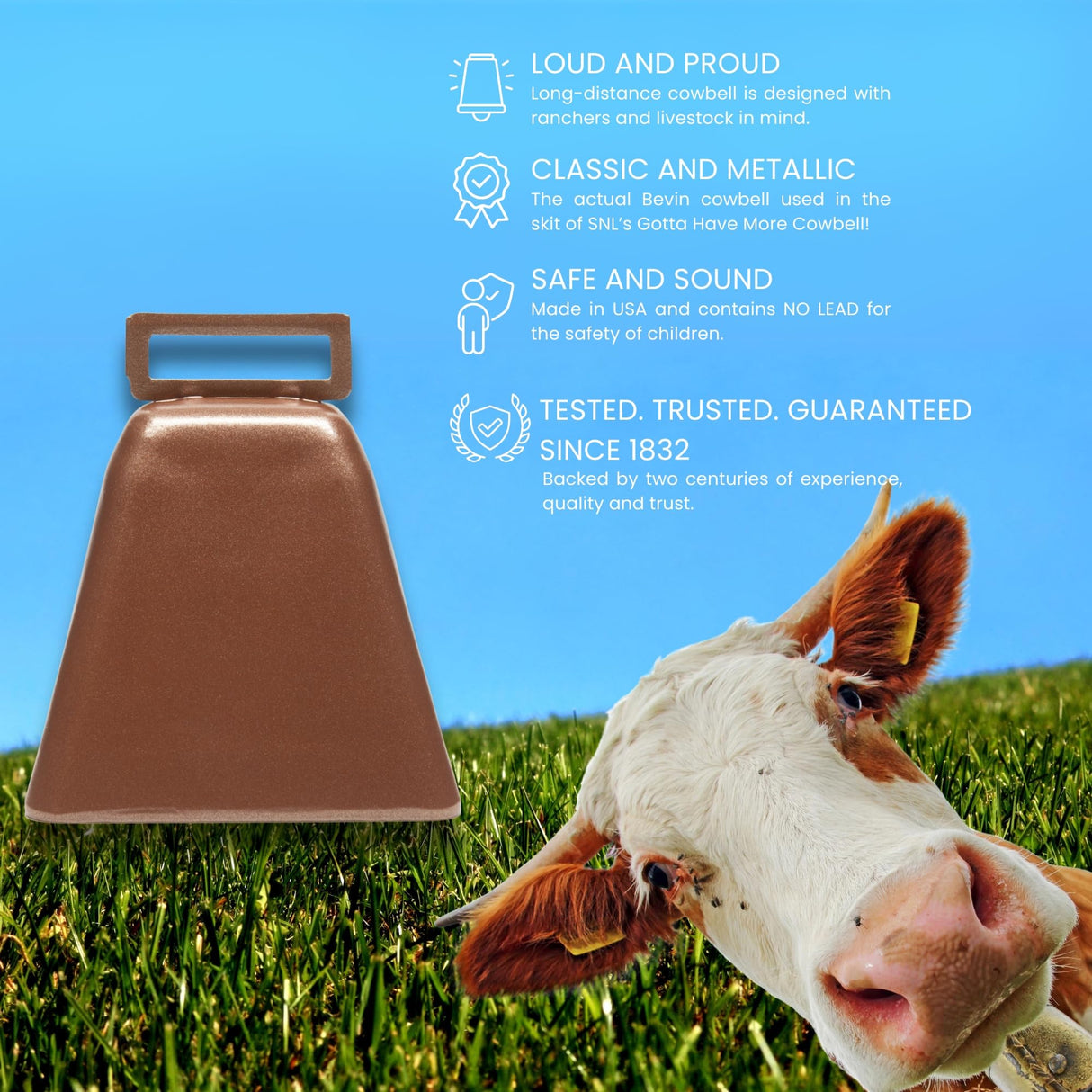 Bevin Bells Long Distance Cow Bells 10LD (Copper & Copper) | Christmas Bells | Made from Steel | Loud Noise Makers | w/White Strap Around The Handle | Easier to Hold | Made in CT, USA