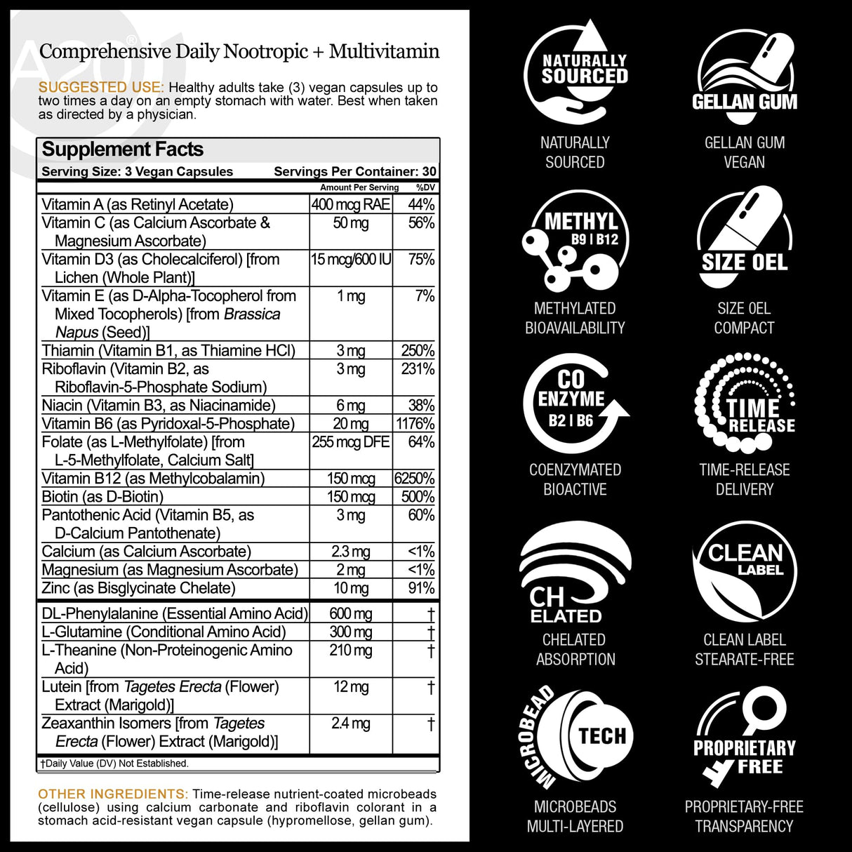 HCF A20 Microbead Brain Health Supplements for Adults for Memory, Focus, Calm, Mood, Alertness, Attention, Vision, Sleep, Immune System, 20 Premium Nootropic Nutrients Multivitamin & 7 Advances® Tech