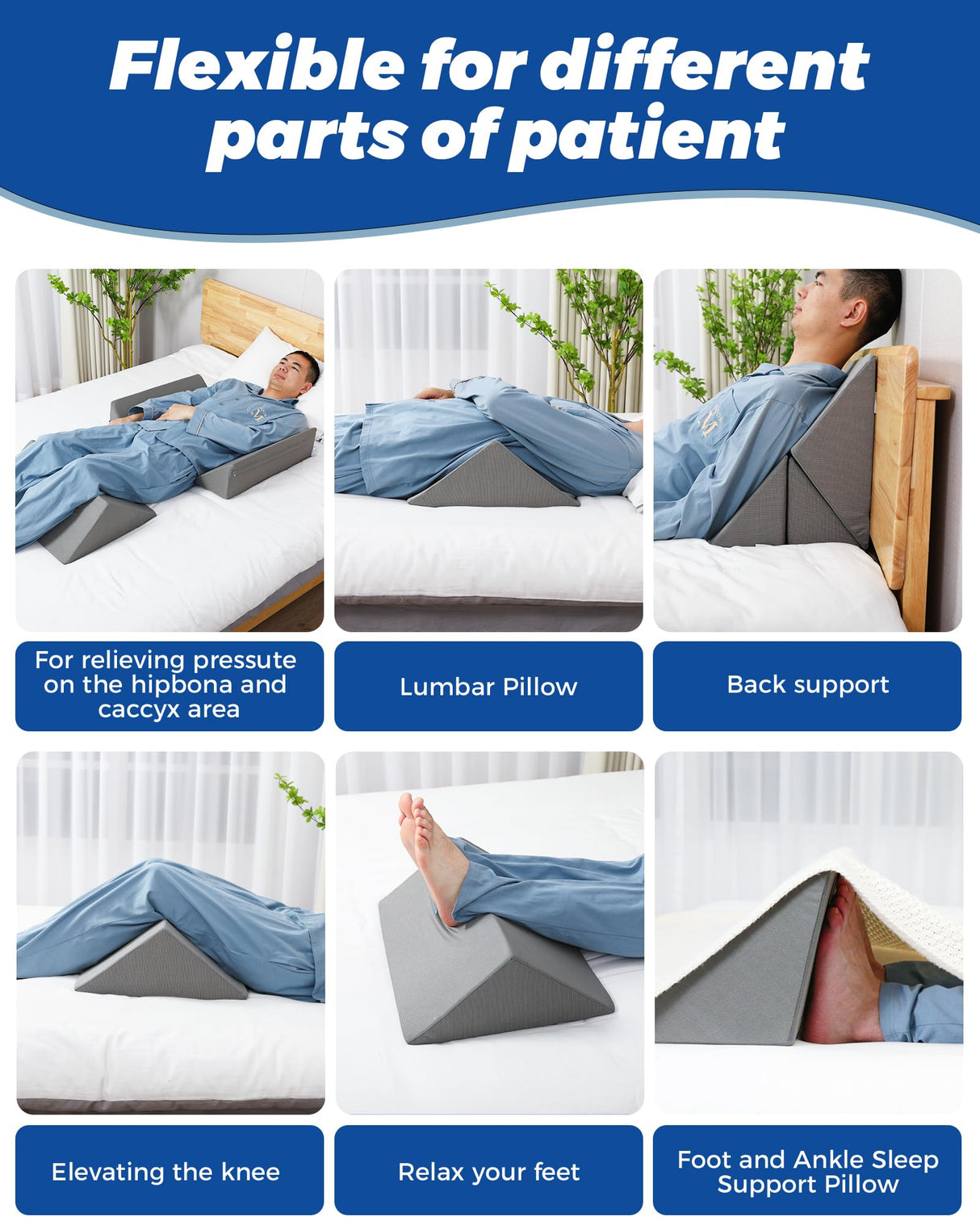 Fanwer Positioning Wedge Pillow for Side Sleeping (3 in 1), 40 Degree Triangle Bed Wedges & Body Positioners for Back Pain, Preventing Bedsores, After Surgery, Knees Elevated, Pregnancy,Grey