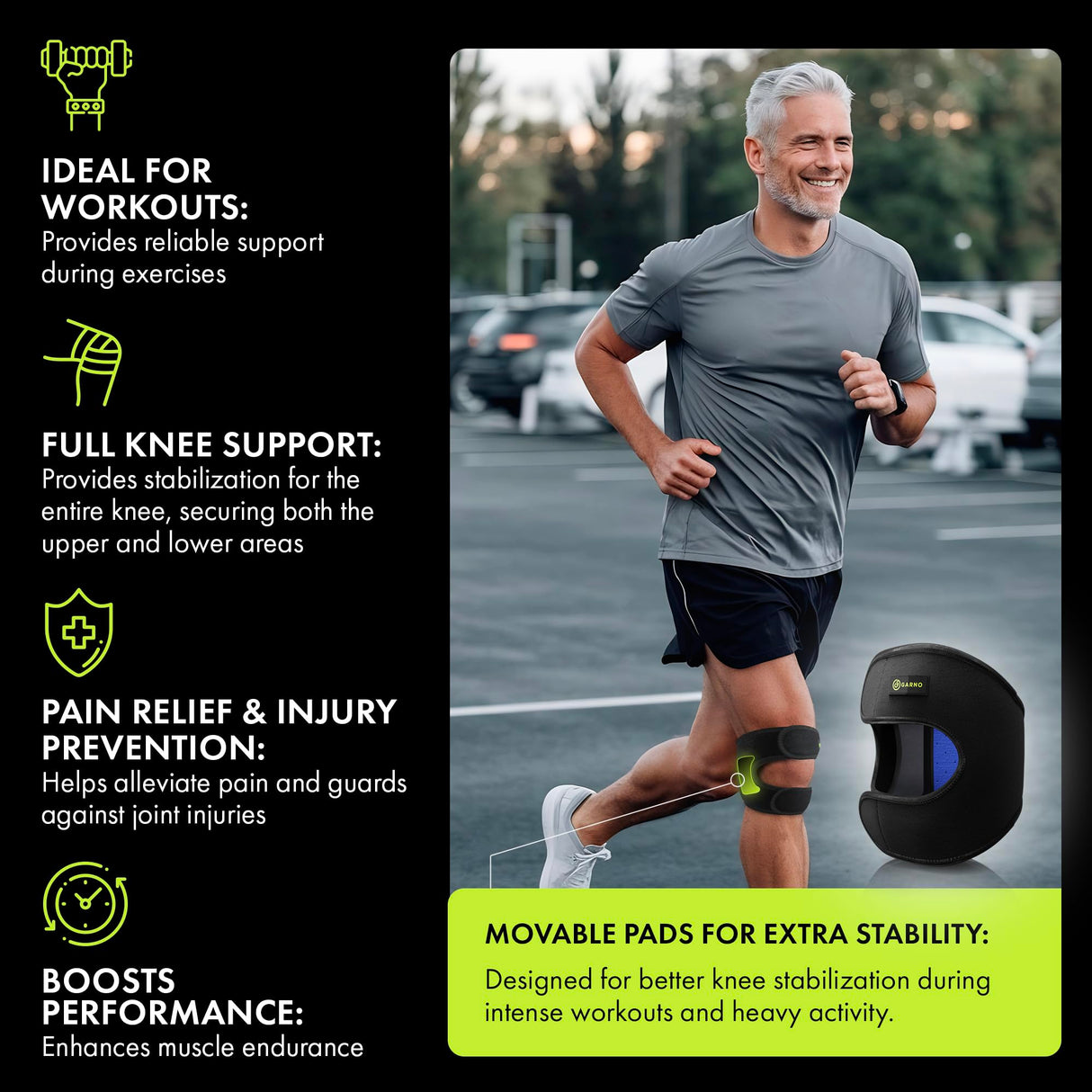 GARNO Knee Brace for Men and Women, Adjustable Neoprene Stabilizer for Meniscus Tear, Arthritis, Tendonitis, MCL, ACL, Pain Relief & Recovery, Tendon Support Strap for Running (Small/Medium Size)