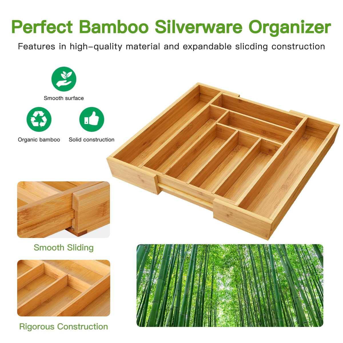 Pipishell Expandable Bamboo Silverware Organizer, Large Kitchen Drawer Tray