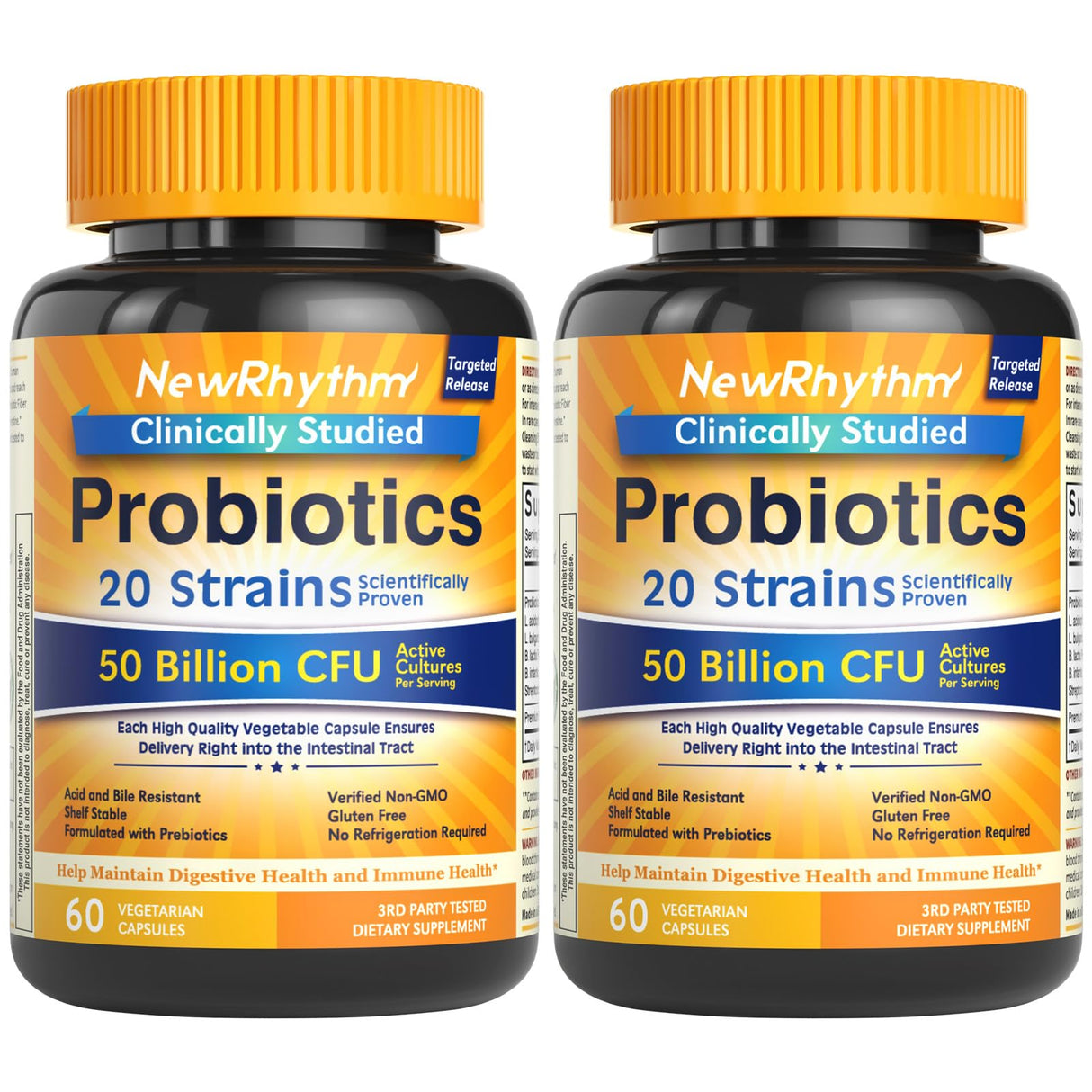 NewRhythm Probiotics 50 Billion CFU 20 Strains, 120 Veggie Capsules, Targeted Release Technology, Stomach Acid Resistant, No Need for Refrigeration, Non-GMO, Gluten Free