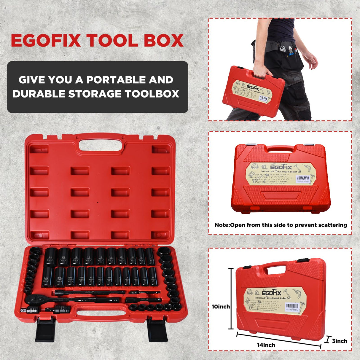 EGOFIX 3/8" Drive Impact Socket Set, 50 Piece Standard SAE (5/16 to 3/4 inch) and Metric (8-22mm) 6 Point, with Adjustable Ratchet Handle, Extension Bars, Impact Universal Joint, Adapter, Cr-V Steel